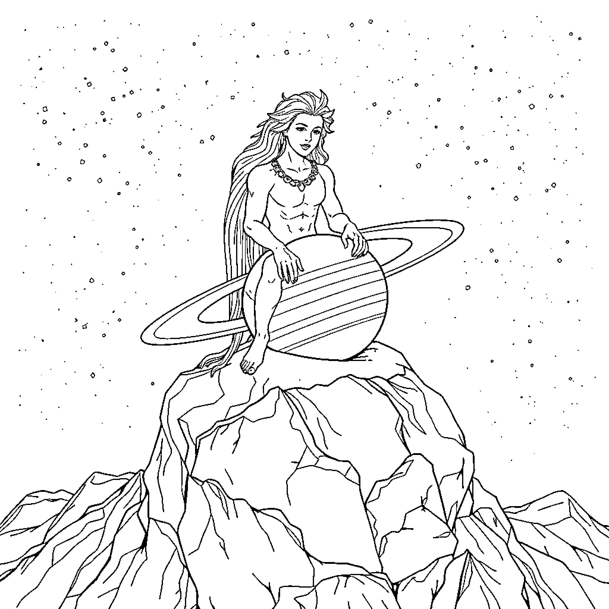 Saturn Princess Atop Celestial Mountains Coloring Page (free black-and-white line drawing printable PDF for all, from beginners to advanced learners, including children, teens, adults, and seniors)