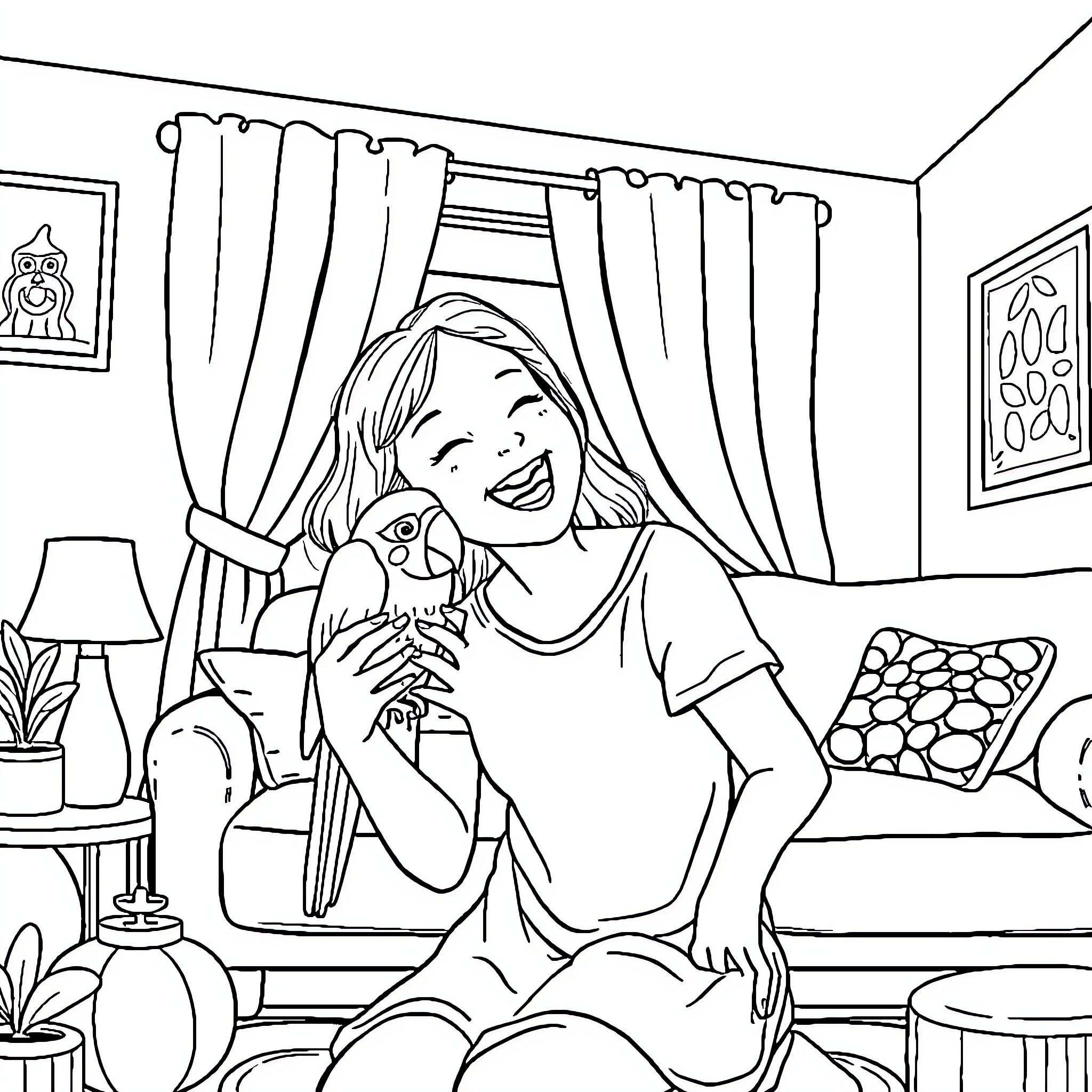 Girl cuddling her pet bird in her bedroom Coloring Page (free black-and-white line drawing printable PDF for all, from beginners to advanced learners, including children, teens, adults, and seniors)