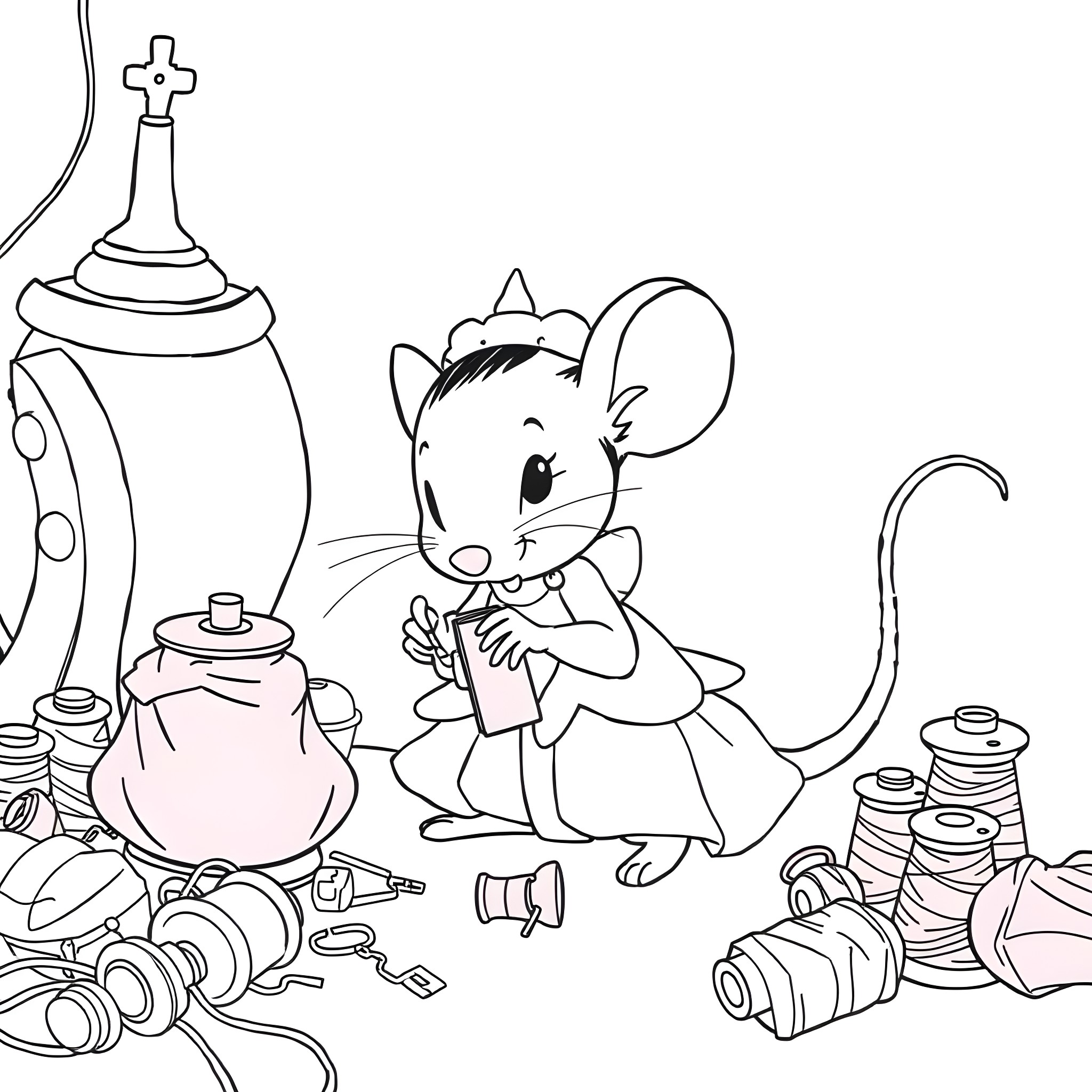 Cinderella Mouse Cleaning up the Magical Mess Coloring Page (free black-and-white line drawing printable PDF for all, from beginners to advanced learners, including children, teens, adults, and seniors)