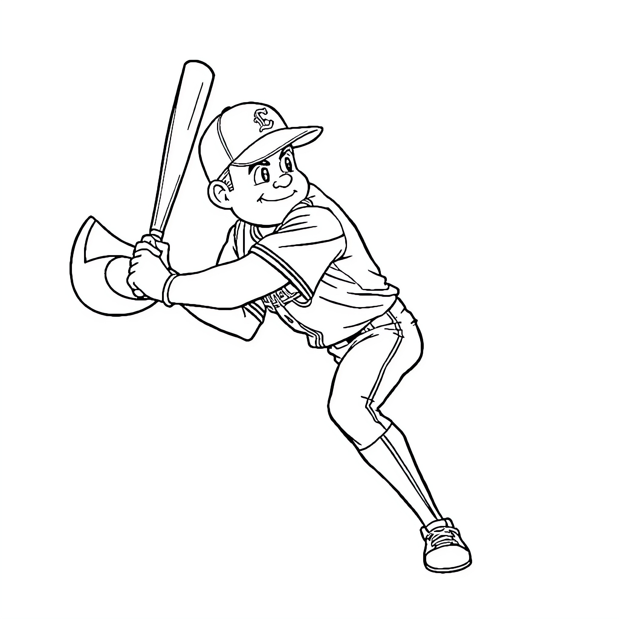 Baseball Player Batting with Enthusiasm Coloring Page (free black-and-white line drawing printable PDF for all, from beginners to advanced learners, including children, teens, adults, and seniors)