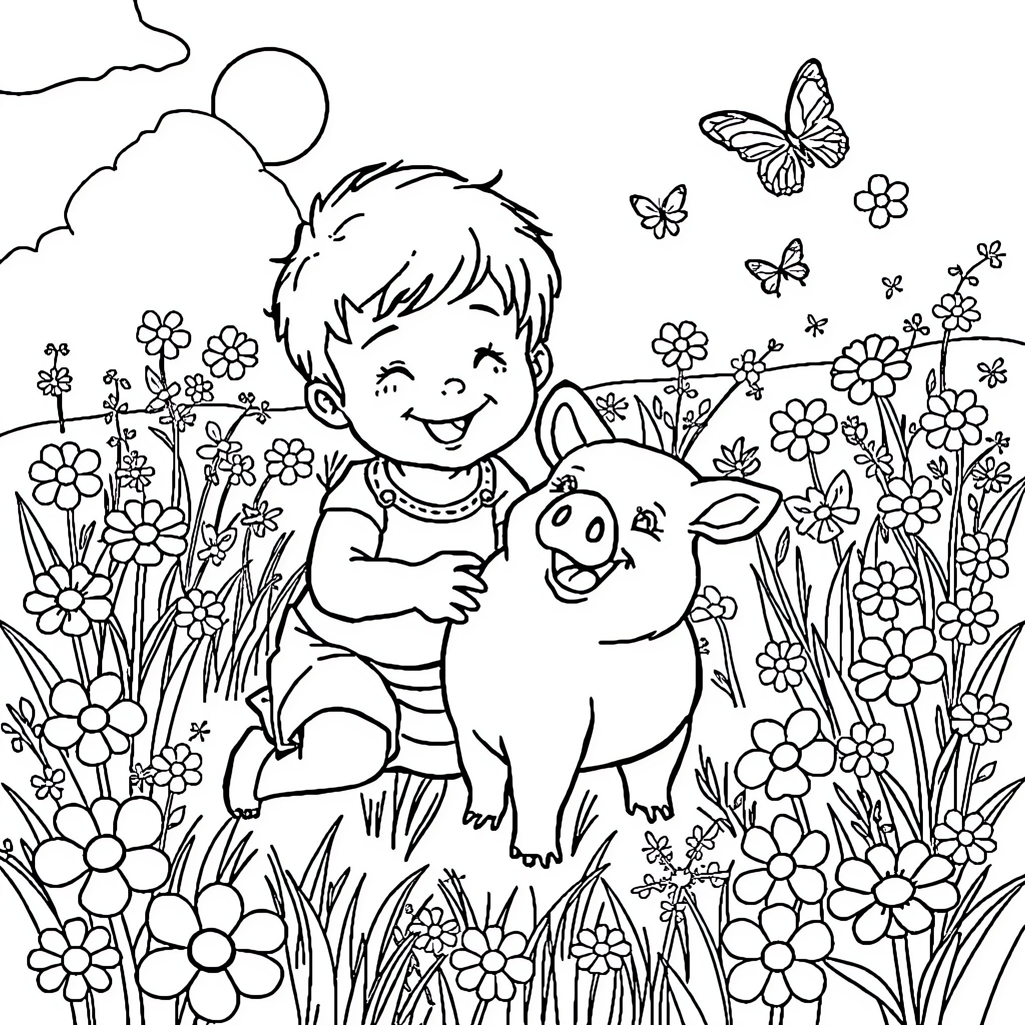 Pig playing with a boy in a flowery meadow Coloring Page (free black-and-white line drawing printable PDF for all, from beginners to advanced learners, including children, teens, adults, and seniors)