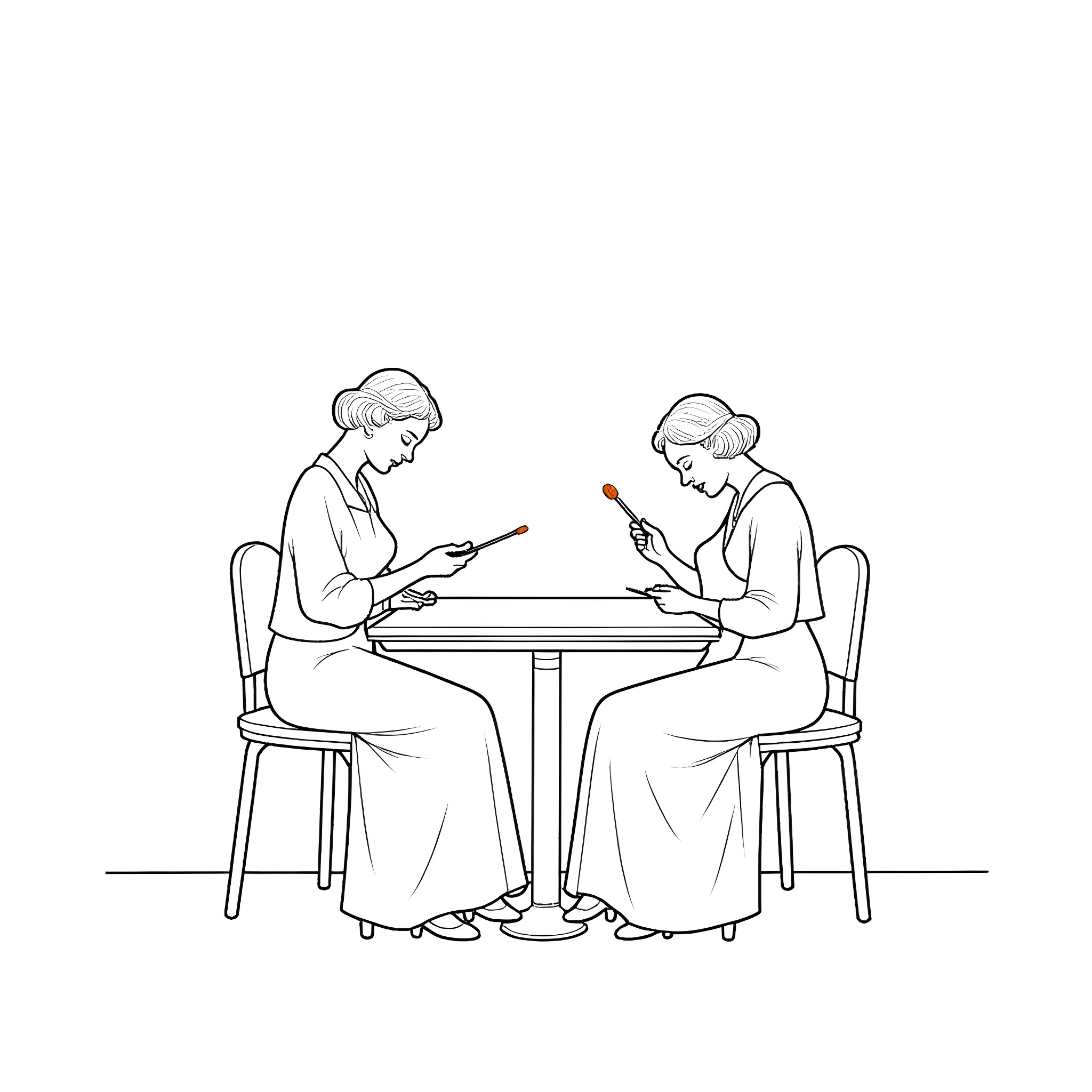 Women playing game at table Coloring Page (free black-and-white line drawing printable PDF for all, from beginners to advanced learners, including children, teens, adults, and seniors)