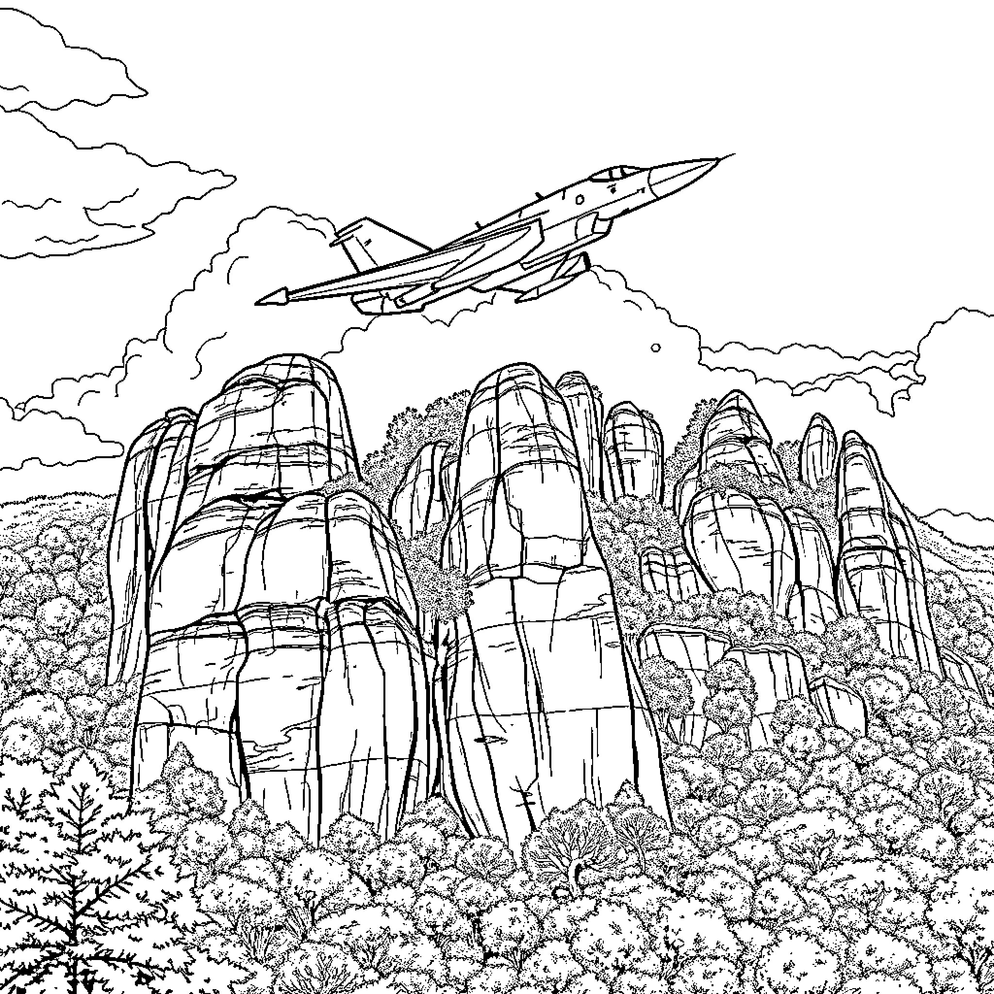 Mig 21 soaring over rugged mountain landscape Coloring Page (free black-and-white line drawing printable PDF for all, from beginners to advanced learners, including children, teens, adults, and seniors)
