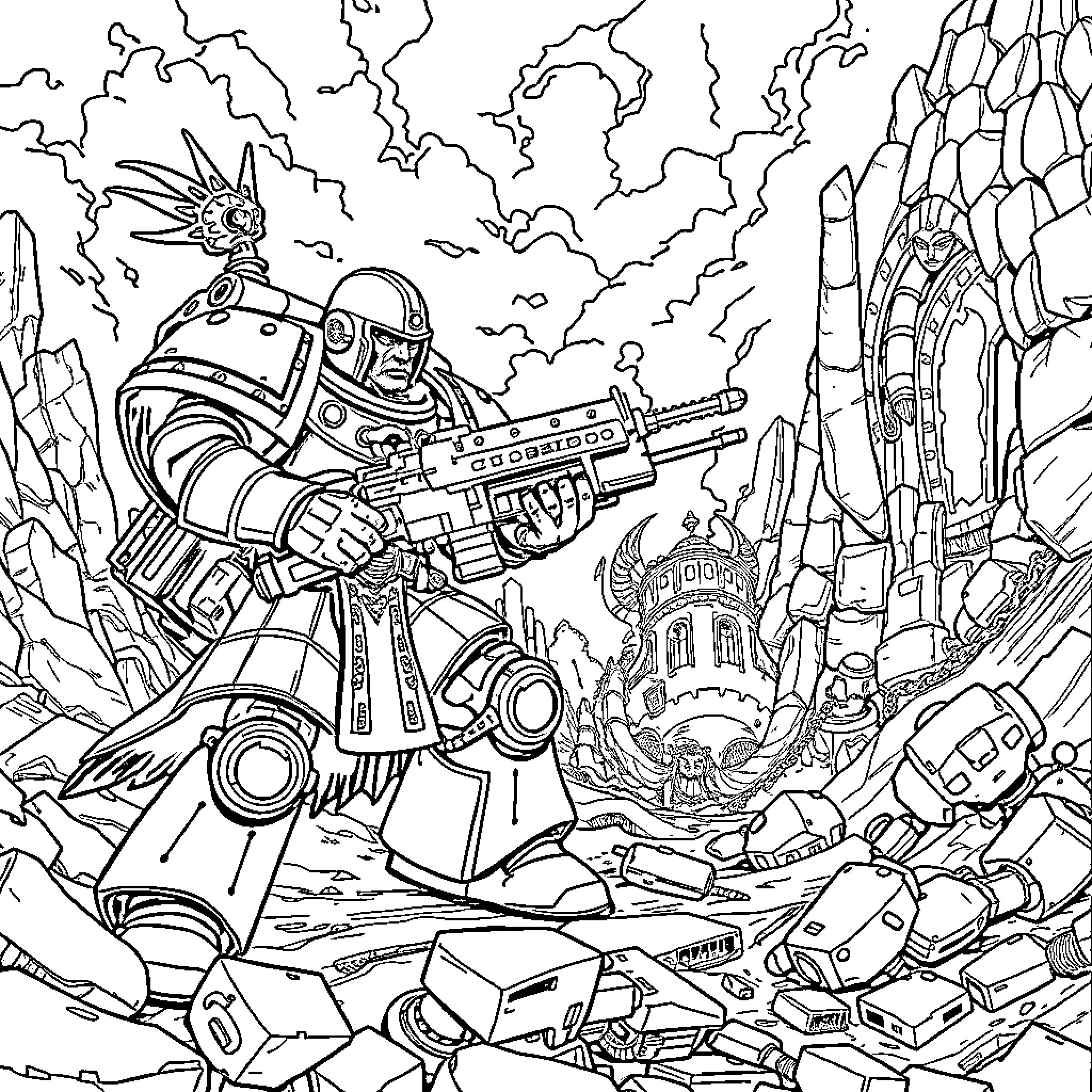 Ork Warrior Battles Amidst Futuristic Ruins Coloring Page (free black-and-white line drawing printable PDF for all, from beginners to advanced learners, including children, teens, adults, and seniors)