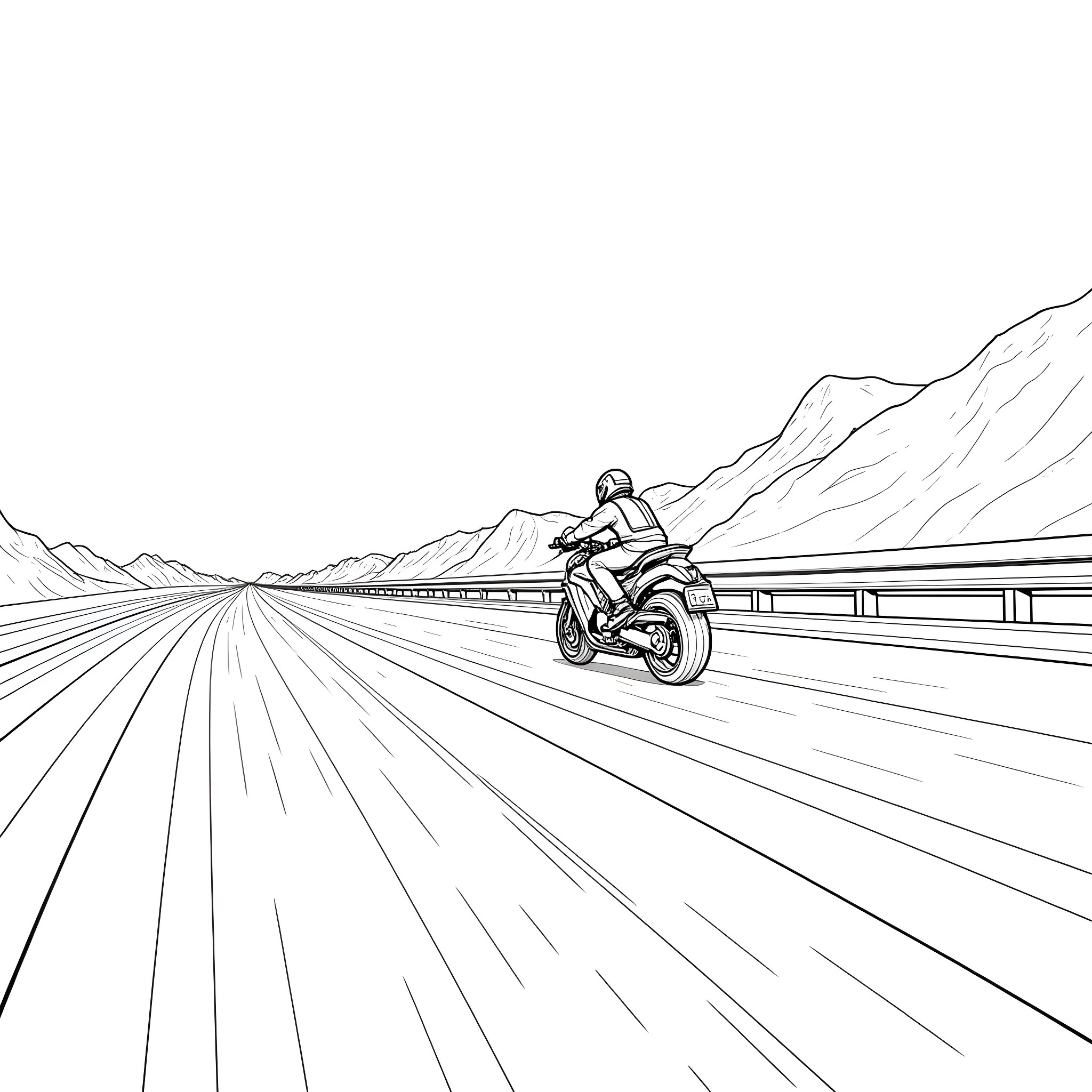 Motorcycle racing on a winding mountain road Coloring Page (free black-and-white line drawing printable PDF for all, from beginners to advanced learners, including children, teens, adults, and seniors)