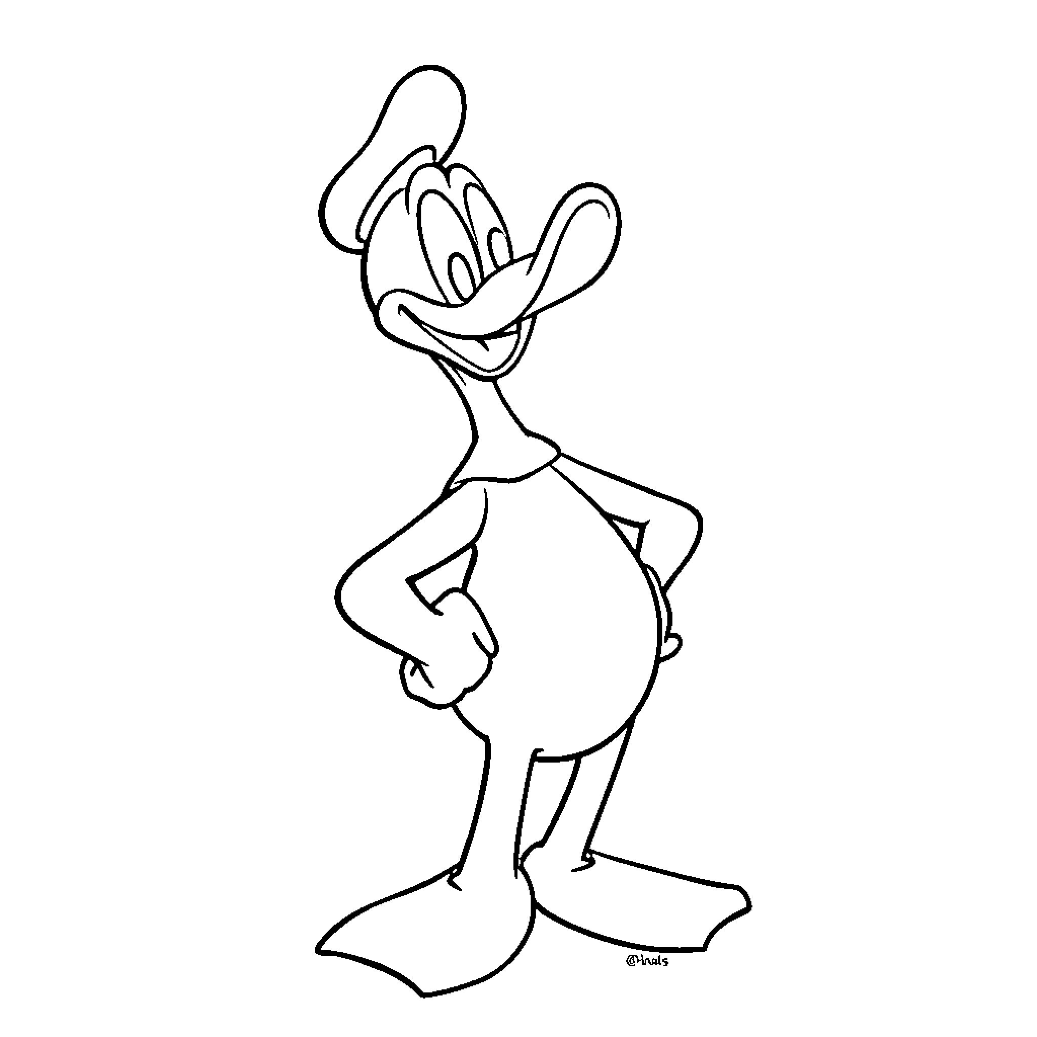 Donald Duck standing with a playful expression Coloring Page (free black-and-white line drawing printable PDF for all, from beginners to advanced learners, including children, teens, adults, and seniors)
