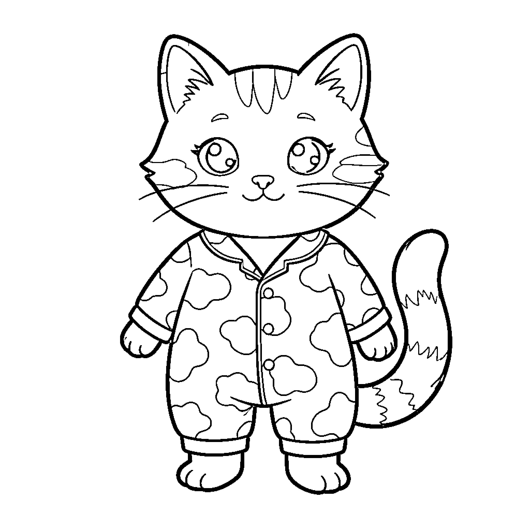 Cat wearing playful pajamas Coloring Page (free black-and-white line drawing printable PDF for all, from beginners to advanced learners, including children, teens, adults, and seniors)