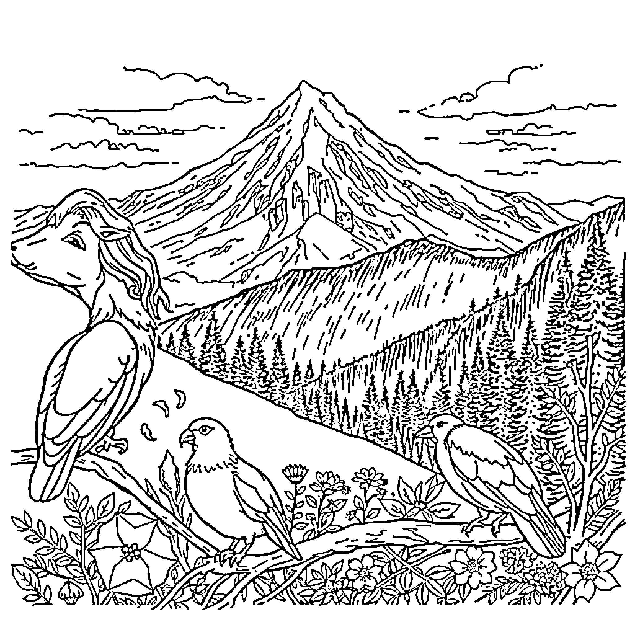Mountain scene with flora and fauna Coloring Page (free black-and-white line drawing printable PDF for all, from beginners to advanced learners, including children, teens, adults, and seniors)