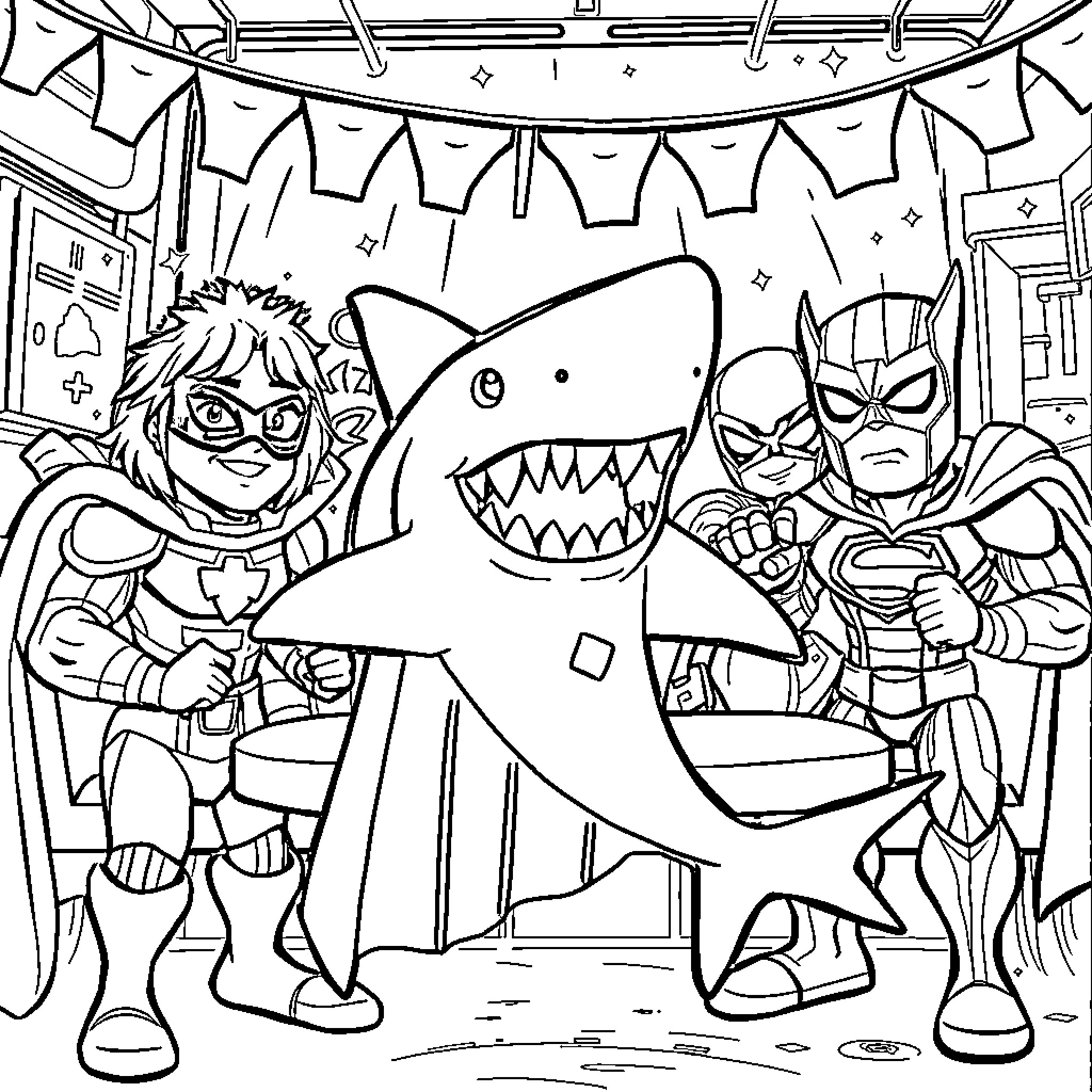 Jeff and friends celebrate a lively party with a shark Coloring Page (free black-and-white line drawing printable PDF for all, from beginners to advanced learners, including children, teens, adults, and seniors)