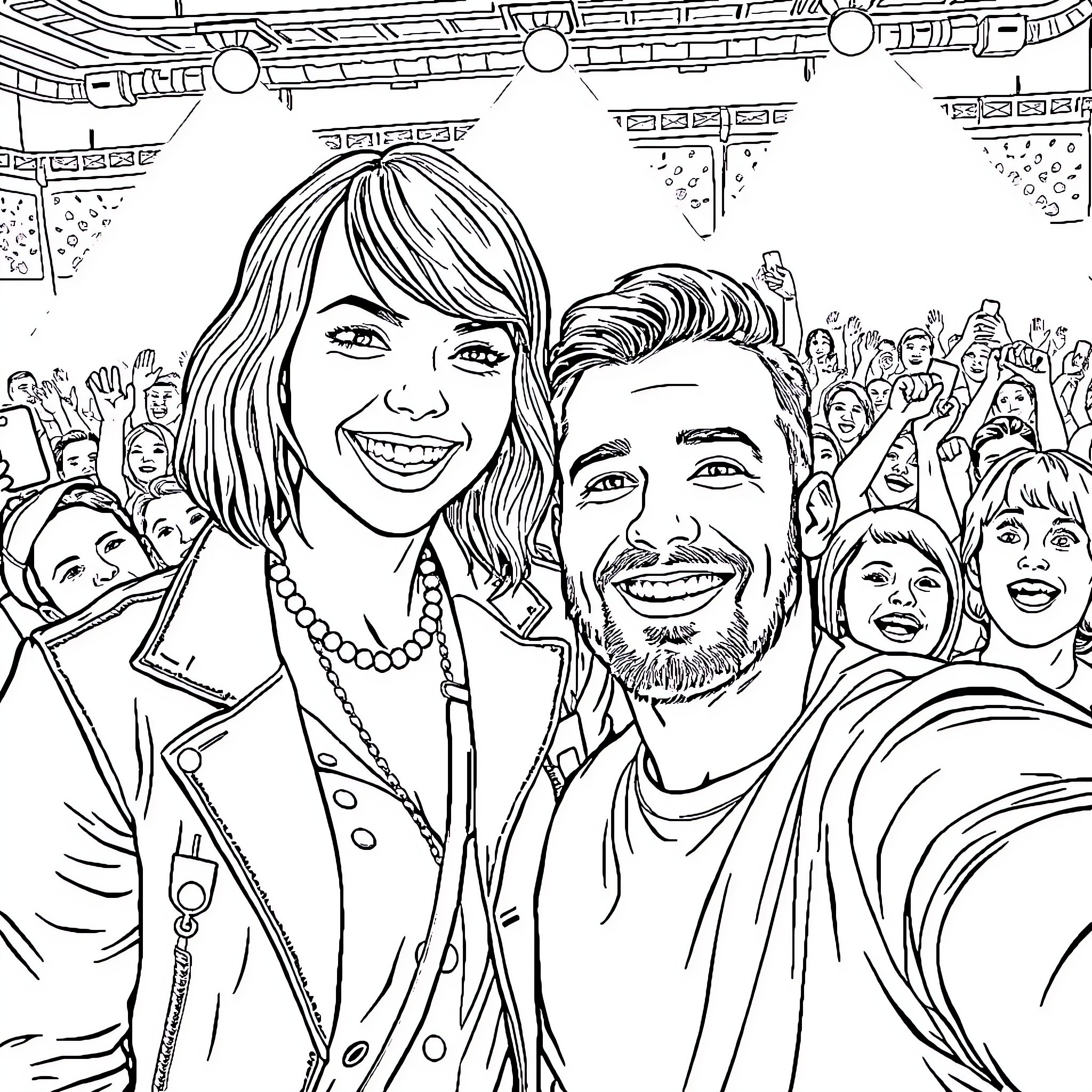 Taylor Swift and companion sharing a happy moment with fans Coloring Page (free black-and-white line drawing printable PDF for all, from beginners to advanced learners, including children, teens, adults, and seniors)