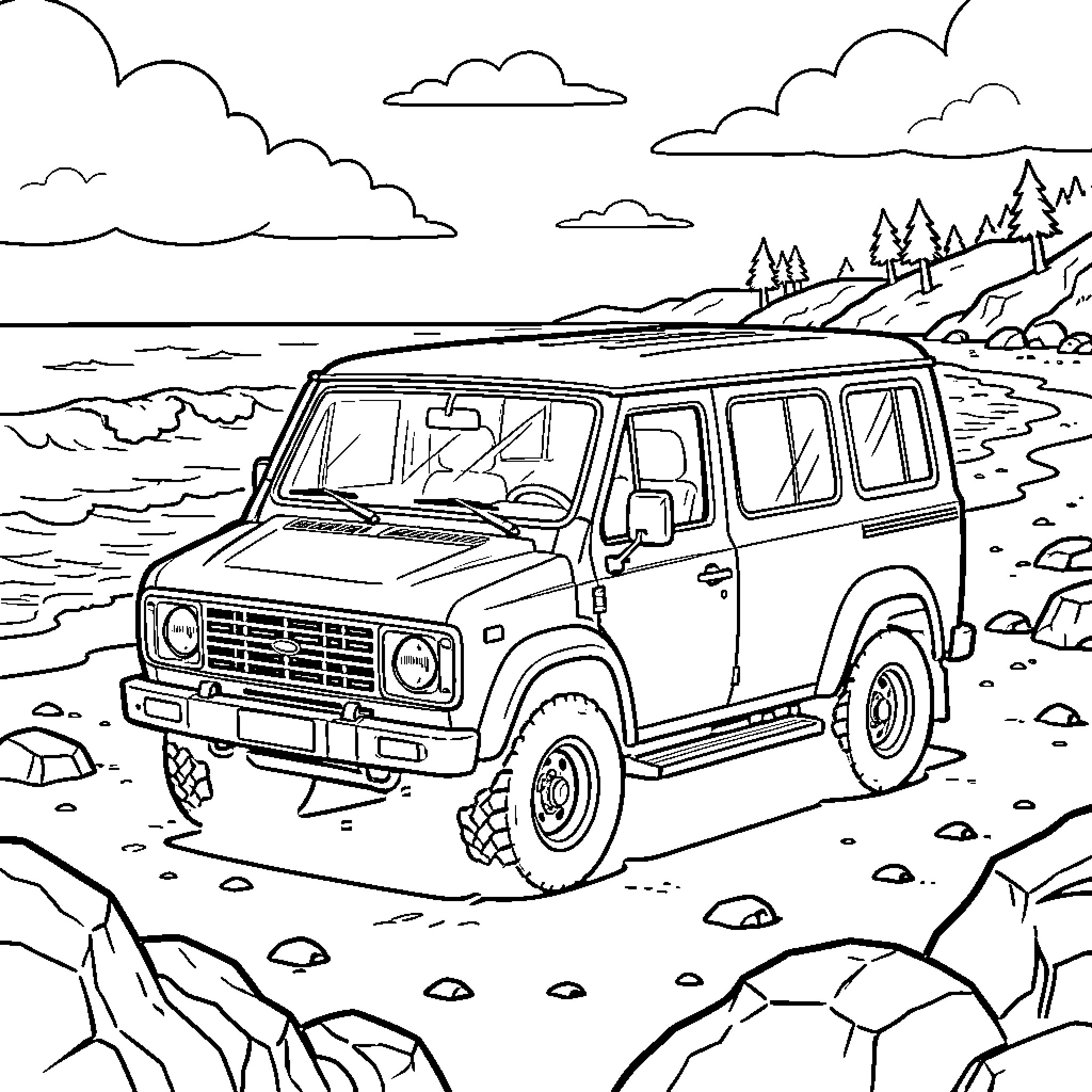 Van parked on a rocky beach near waves Coloring Page (free black-and-white line drawing printable PDF for all, from beginners to advanced learners, including children, teens, adults, and seniors)