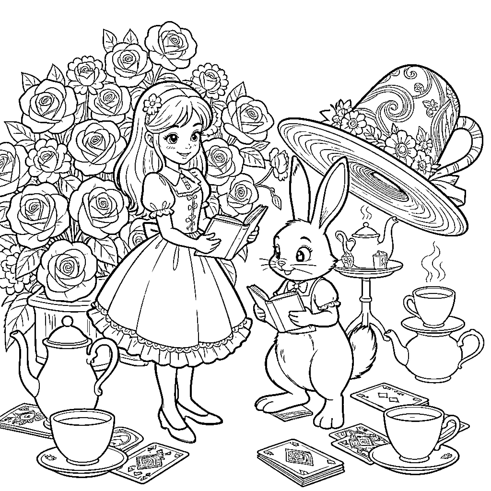Alicia's Whimsical Tea Party with Rabbit Coloring Page (free black-and-white line drawing printable PDF for all, from beginners to advanced learners, including children, teens, adults, and seniors)