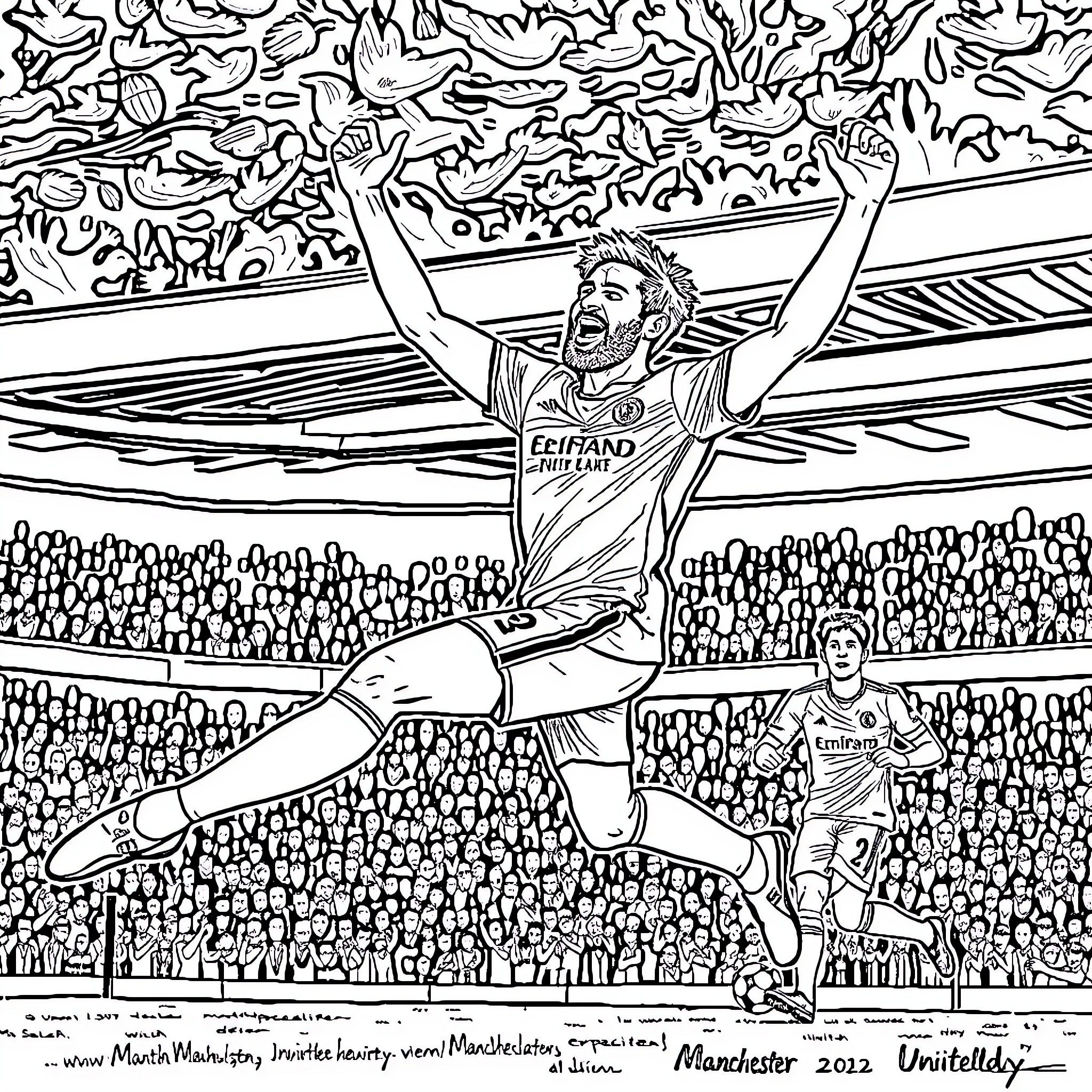 Mo Salah Celebrates Triumphantly in Football Stadium Coloring Page (free black-and-white line drawing printable PDF for all, from beginners to advanced learners, including children, teens, adults, and seniors)