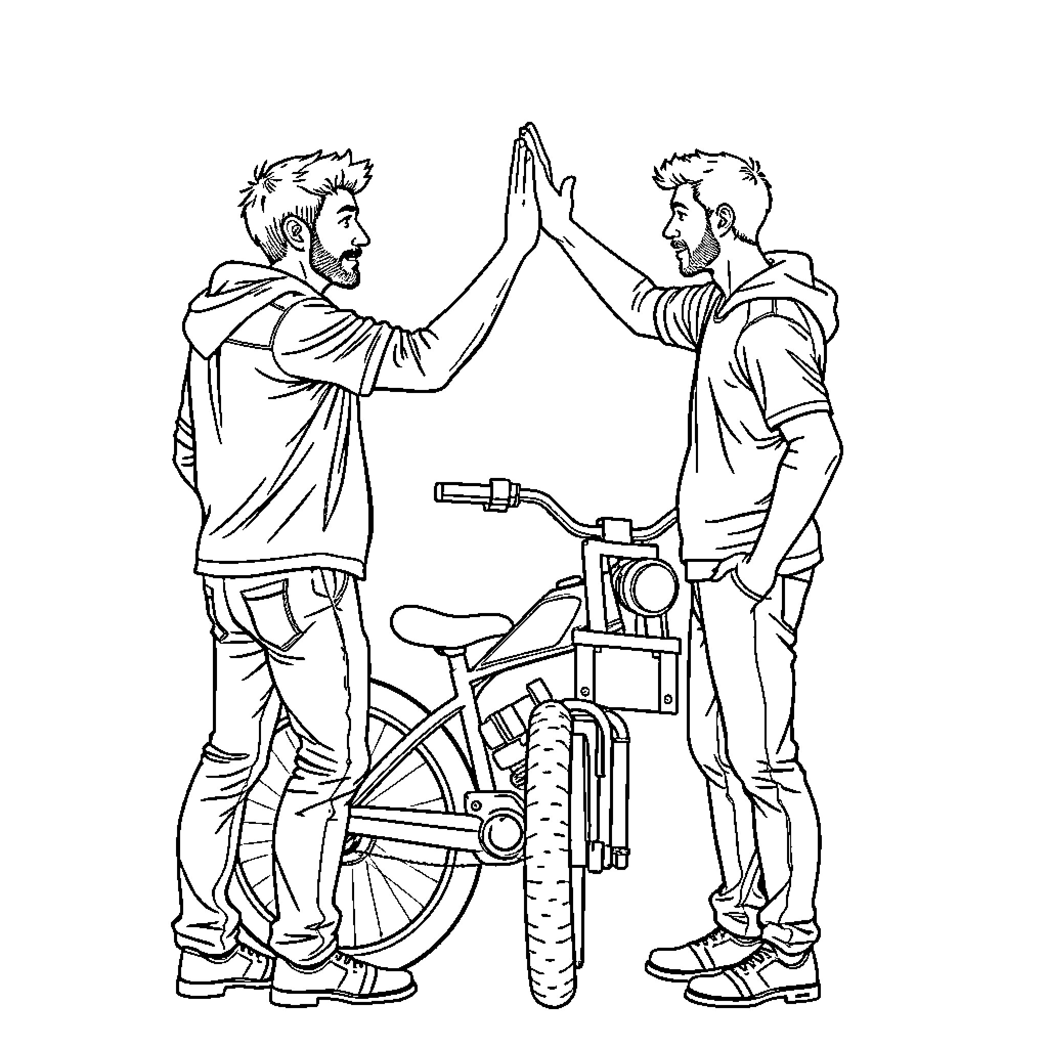 Guys celebrating success with high five by motorcycle Coloring Page (free black-and-white line drawing printable PDF for all, from beginners to advanced learners, including children, teens, adults, and seniors)
