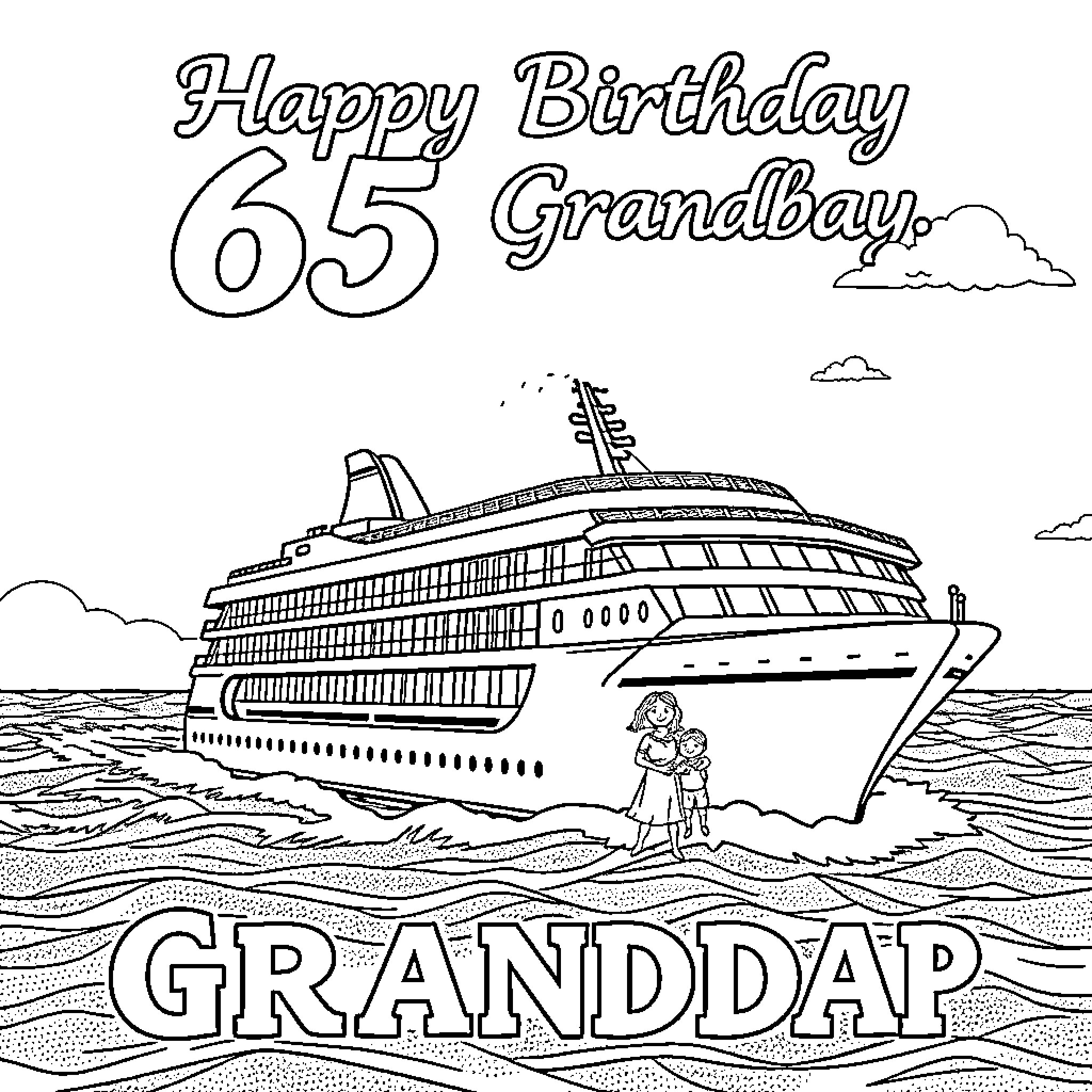 Grandpa's 65th Birthday Cruise Celebration Coloring Page (free black-and-white line drawing printable PDF for all, from beginners to advanced learners, including children, teens, adults, and seniors)