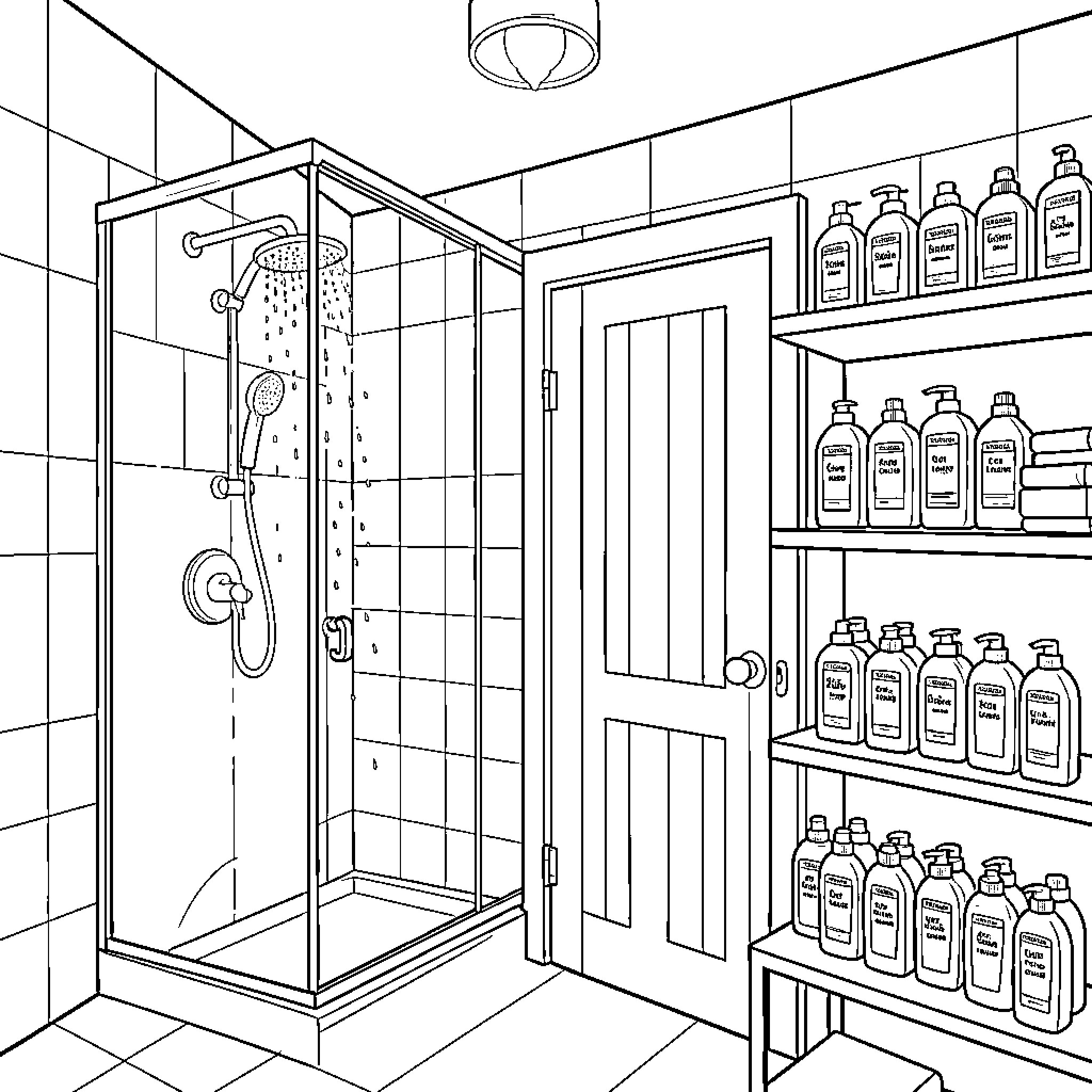 Bathroom with Shower and Shelves Coloring Page (free black-and-white line drawing printable PDF for all, from beginners to advanced learners, including children, teens, adults, and seniors)