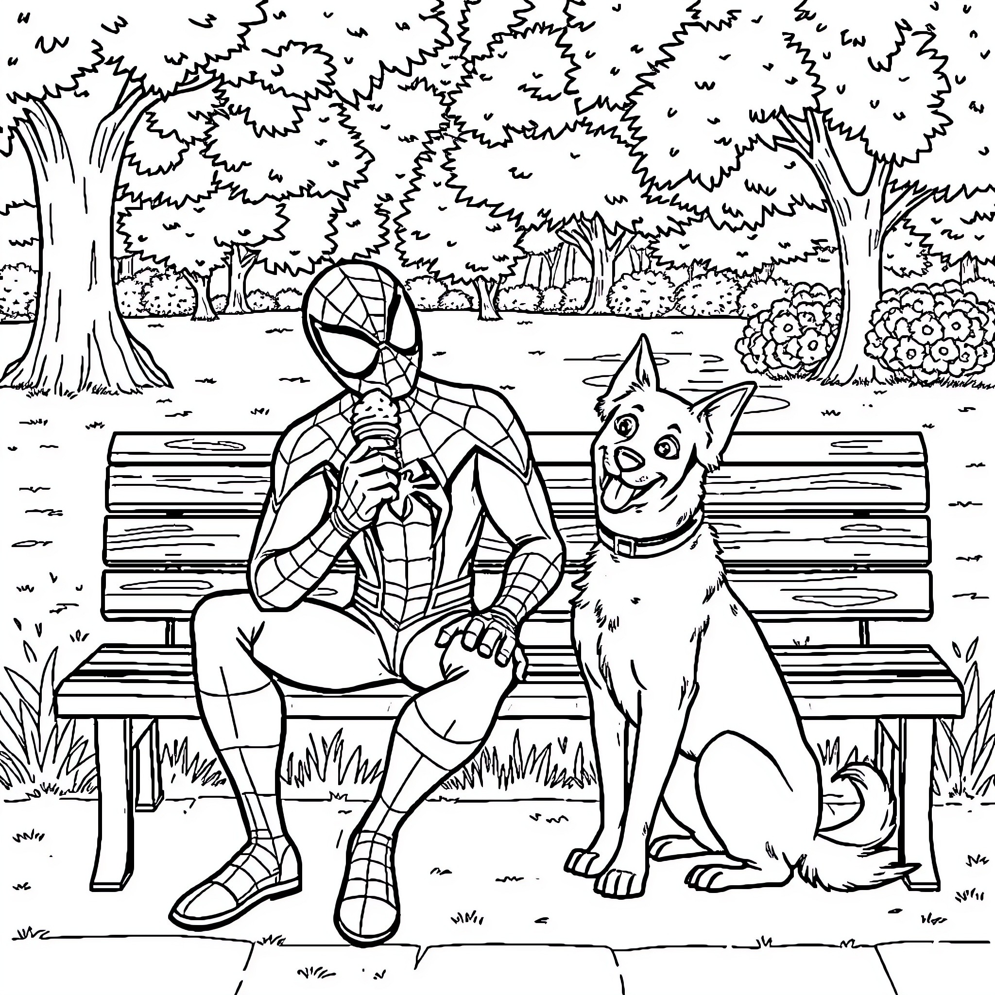 Spiderman relaxing with a dog on a park bench Coloring Page (free black-and-white line drawing printable PDF for all, from beginners to advanced learners, including children, teens, adults, and seniors)