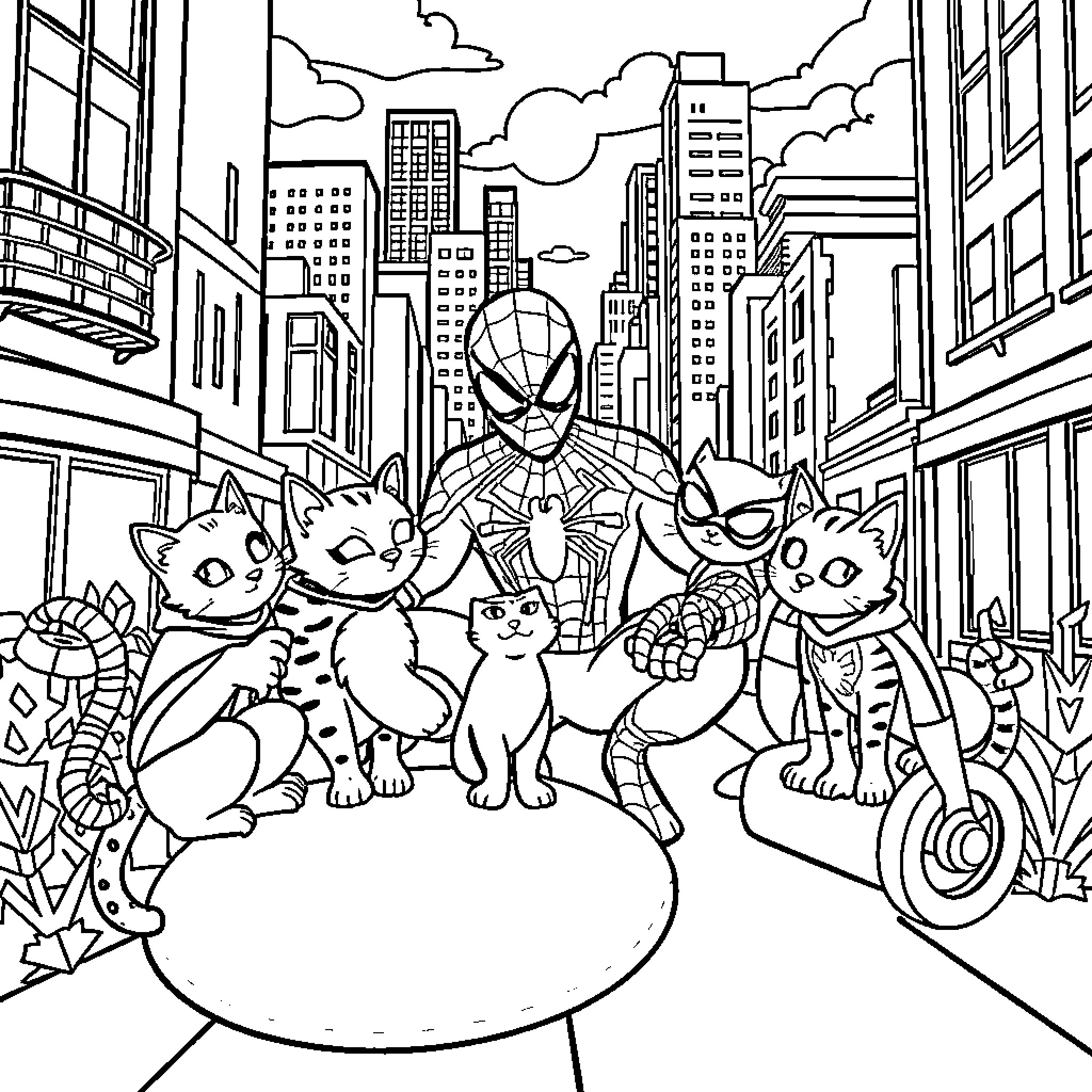 Spidey and Furry Friends Explore the City Coloring Page (free black-and-white line drawing printable PDF for all, from beginners to advanced learners, including children, teens, adults, and seniors)