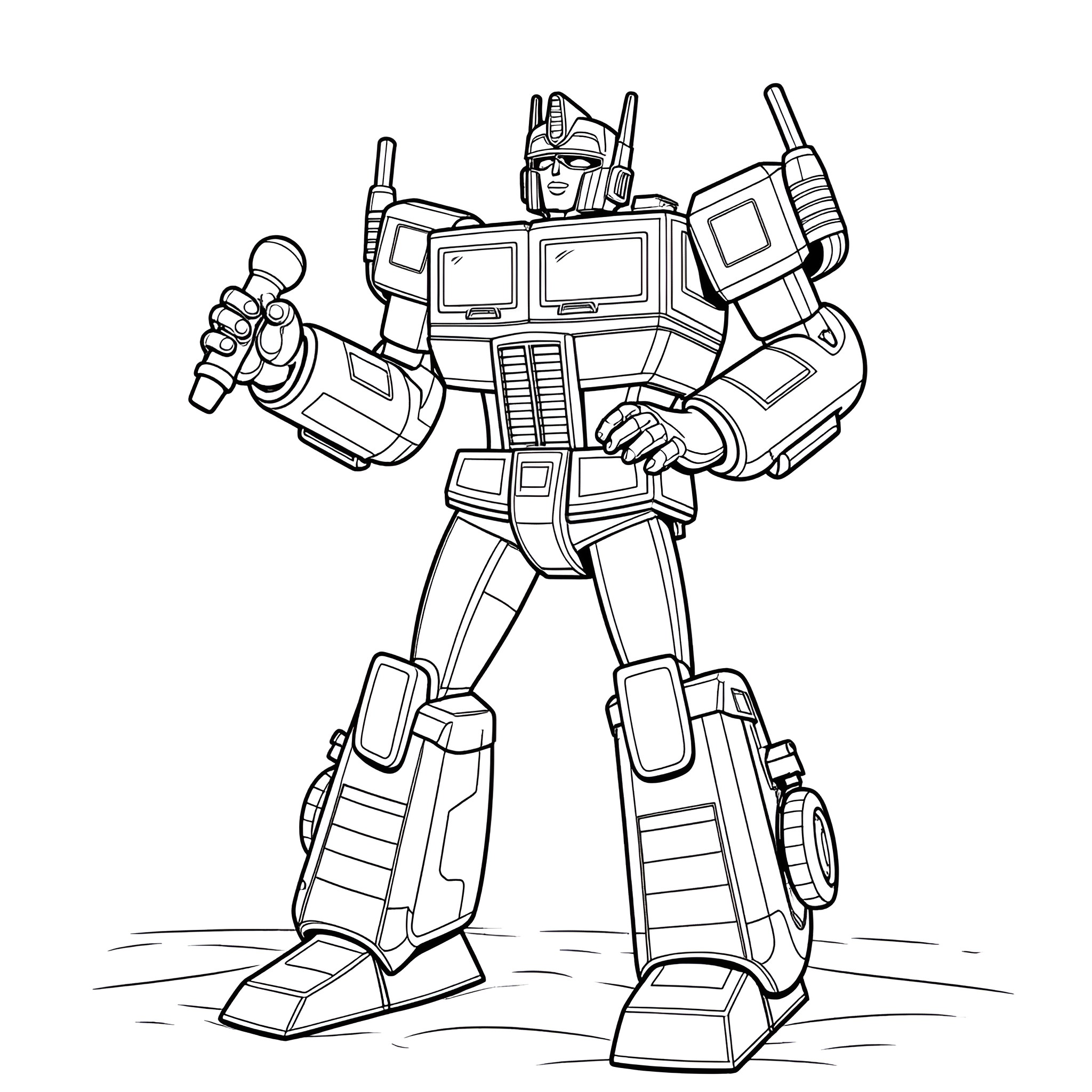 Optimus Prime in Heroic Pose with Weapons Coloring Page (free black-and-white line drawing printable PDF for all, from beginners to advanced learners, including children, teens, adults, and seniors)