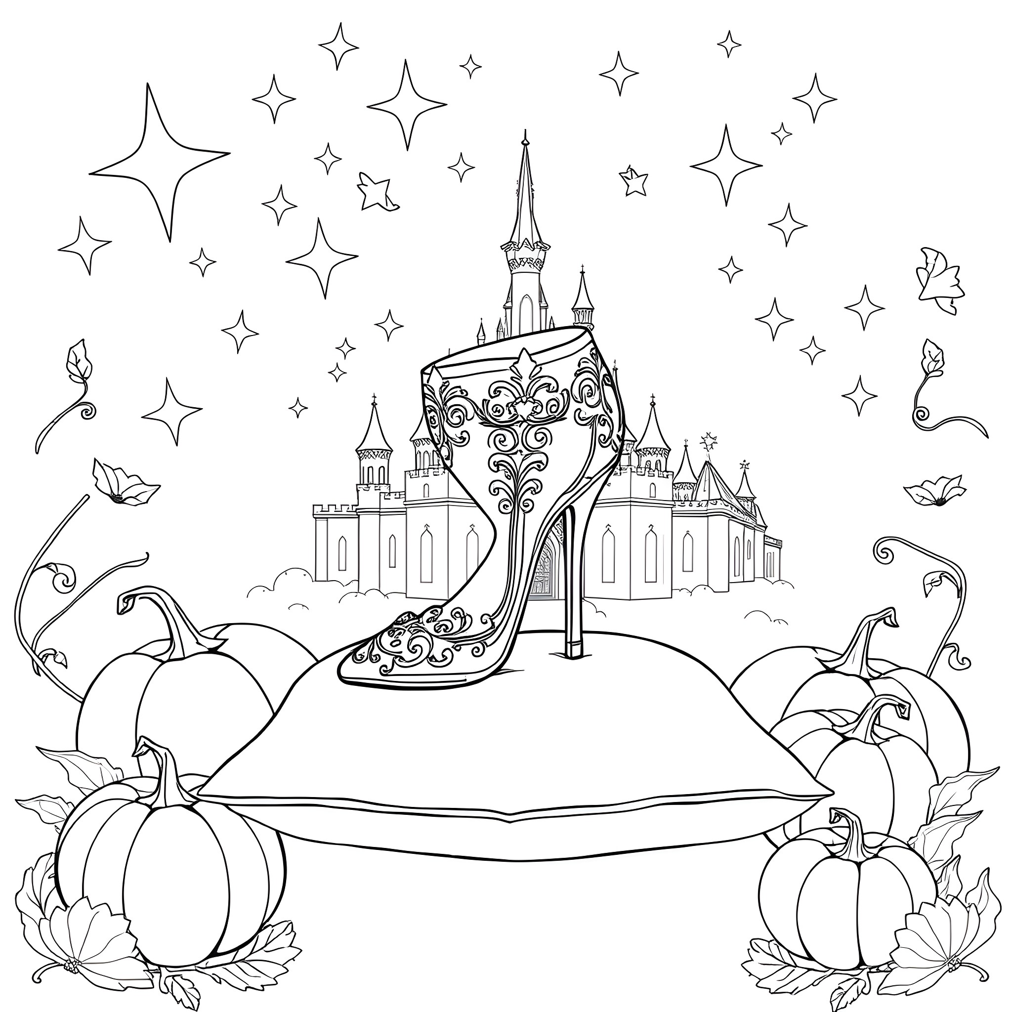 Cinderella's Enchanted Castle and Glass Slipper Coloring Page (free black-and-white line drawing printable PDF for all, from beginners to advanced learners, including children, teens, adults, and seniors)
