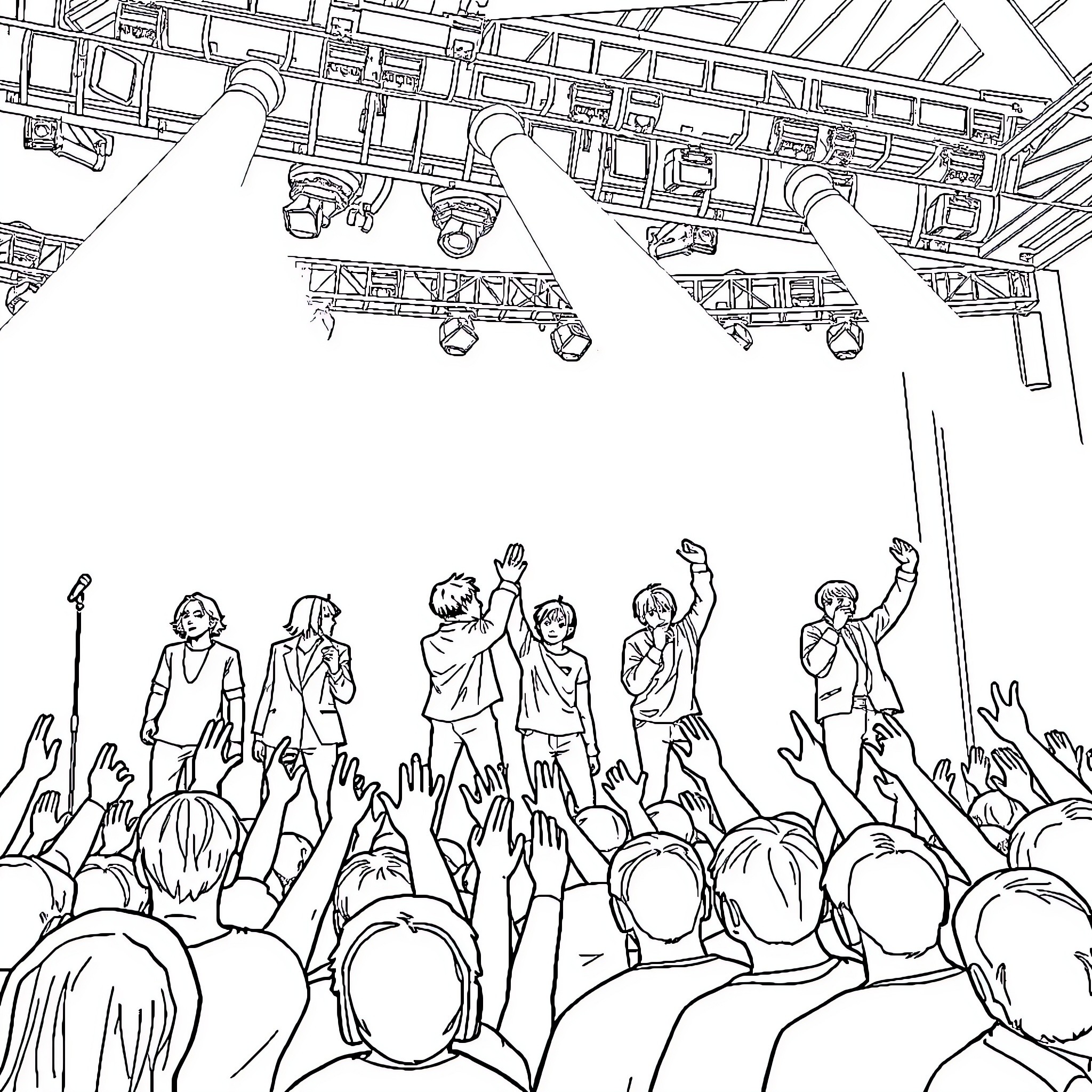 BTS Performing on Stage with Adoring Fans Coloring Page (free black-and-white line drawing printable PDF for all, from beginners to advanced learners, including children, teens, adults, and seniors)