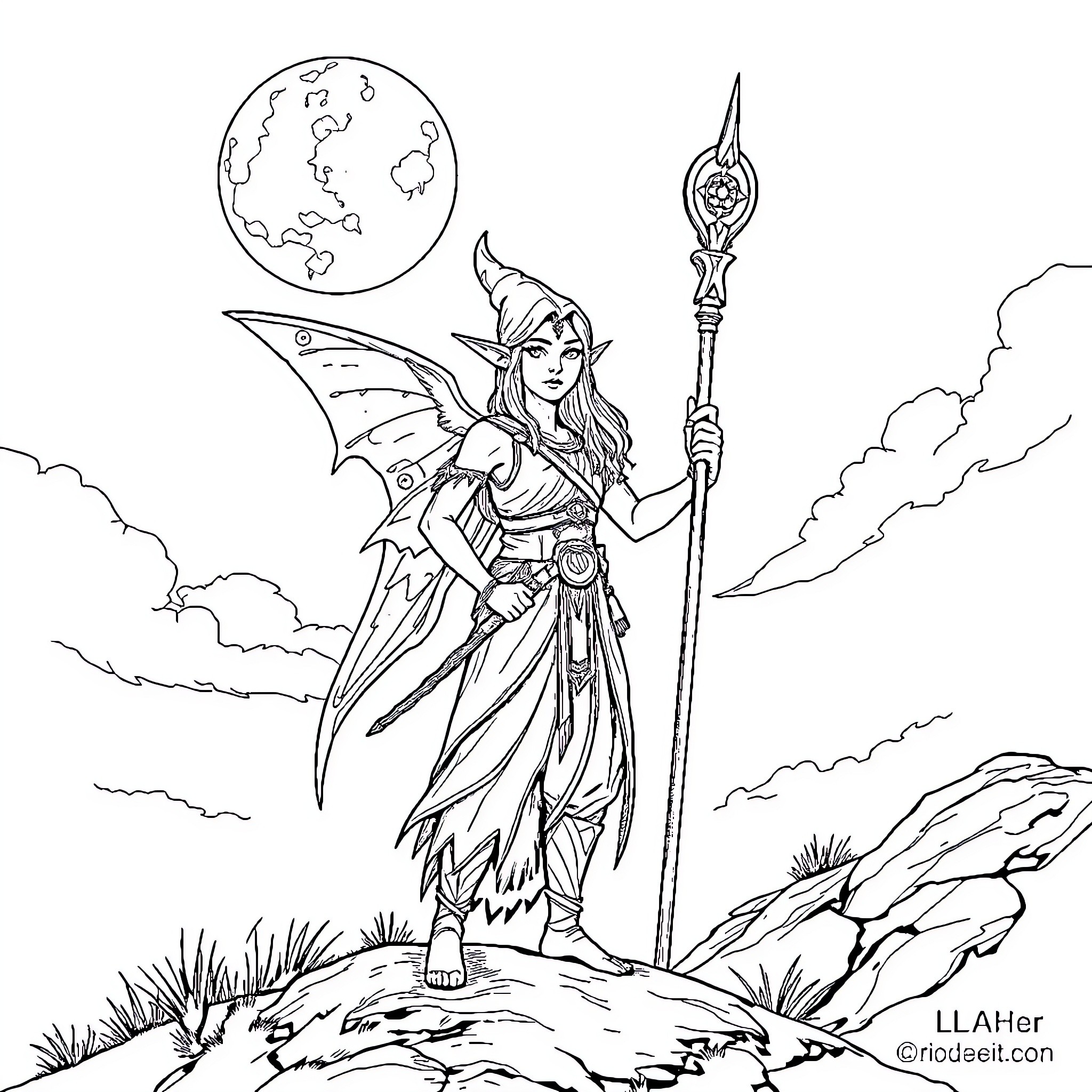 Elf warrior standing on a cliff with a staff Coloring Page (free black-and-white line drawing printable PDF for all, from beginners to advanced learners, including children, teens, adults, and seniors)