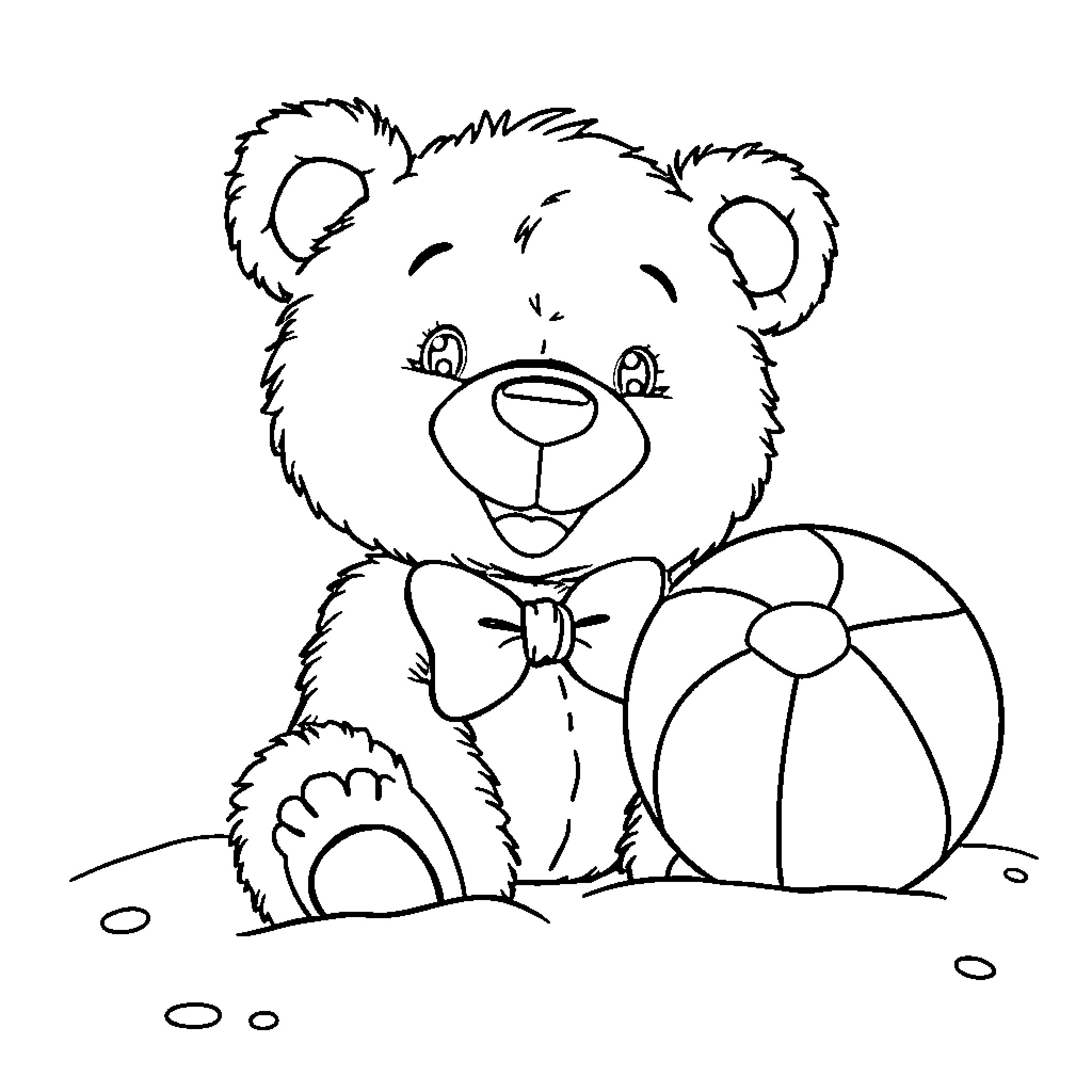 Teddy Bear with Beach Ball Enjoying Playtime Coloring Page (free black-and-white line drawing printable PDF for all, from beginners to advanced learners, including children, teens, adults, and seniors)