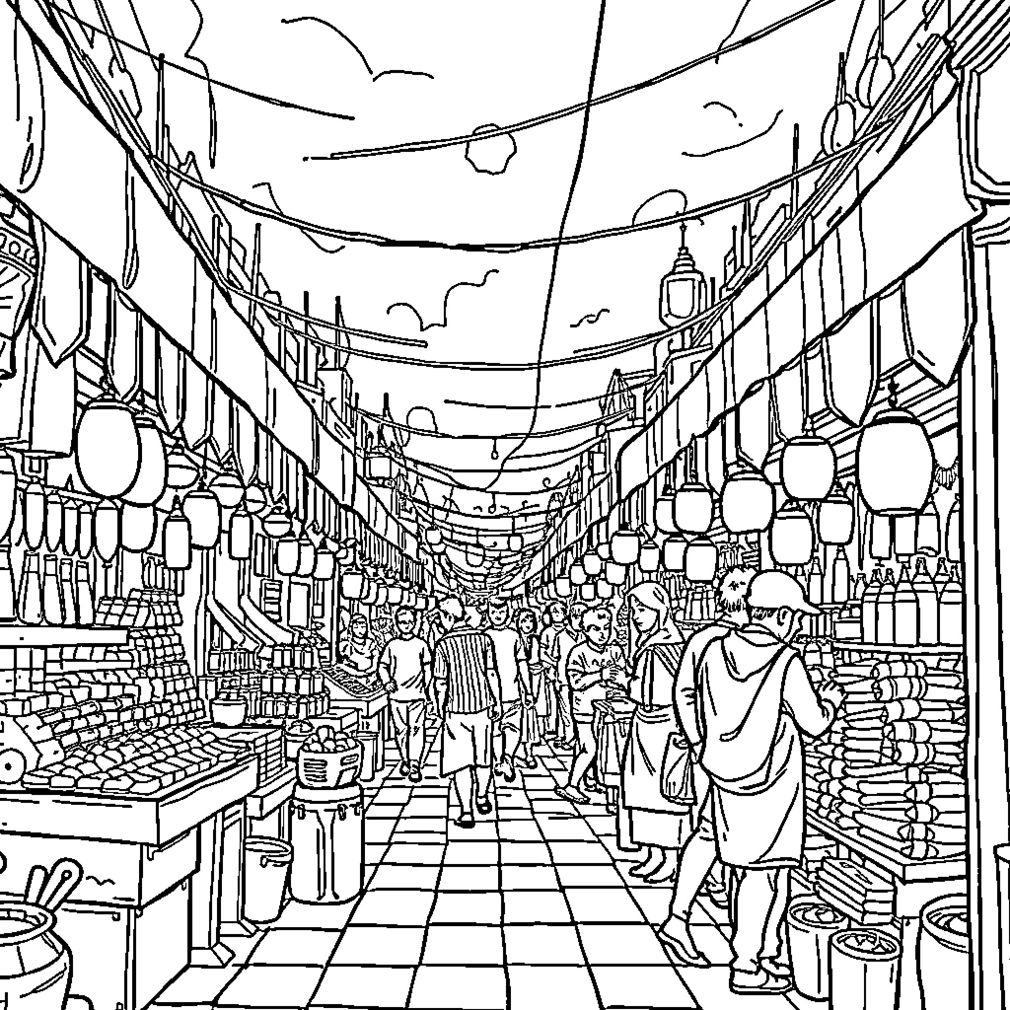 Tanta Prav: Bustling street market with lively crowd Coloring Page (free black-and-white line drawing printable PDF for all, from beginners to advanced learners, including children, teens, adults, and seniors)