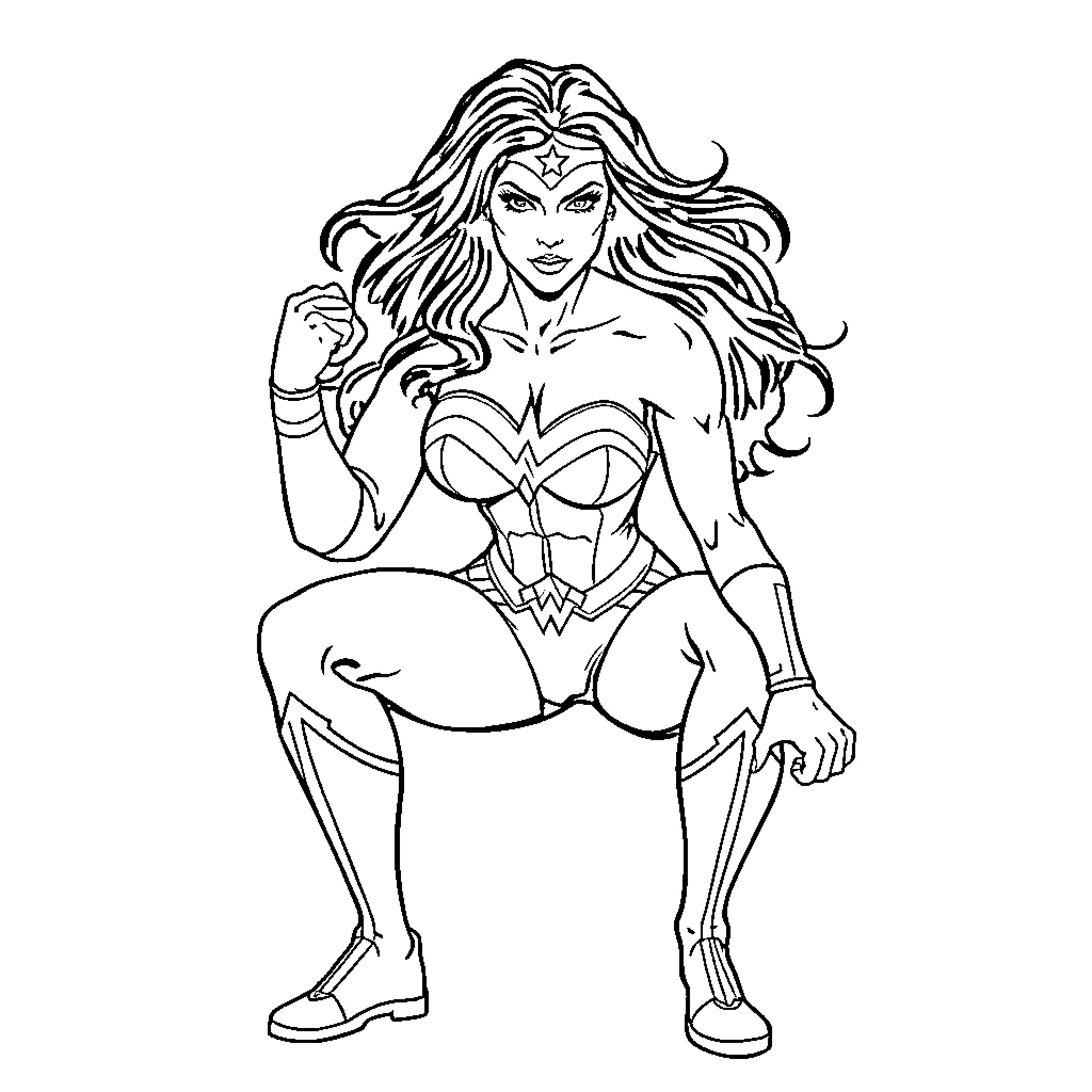 Wonder Woman in heroic action pose Coloring Page (free black-and-white line drawing printable PDF for all, from beginners to advanced learners, including children, teens, adults, and seniors)