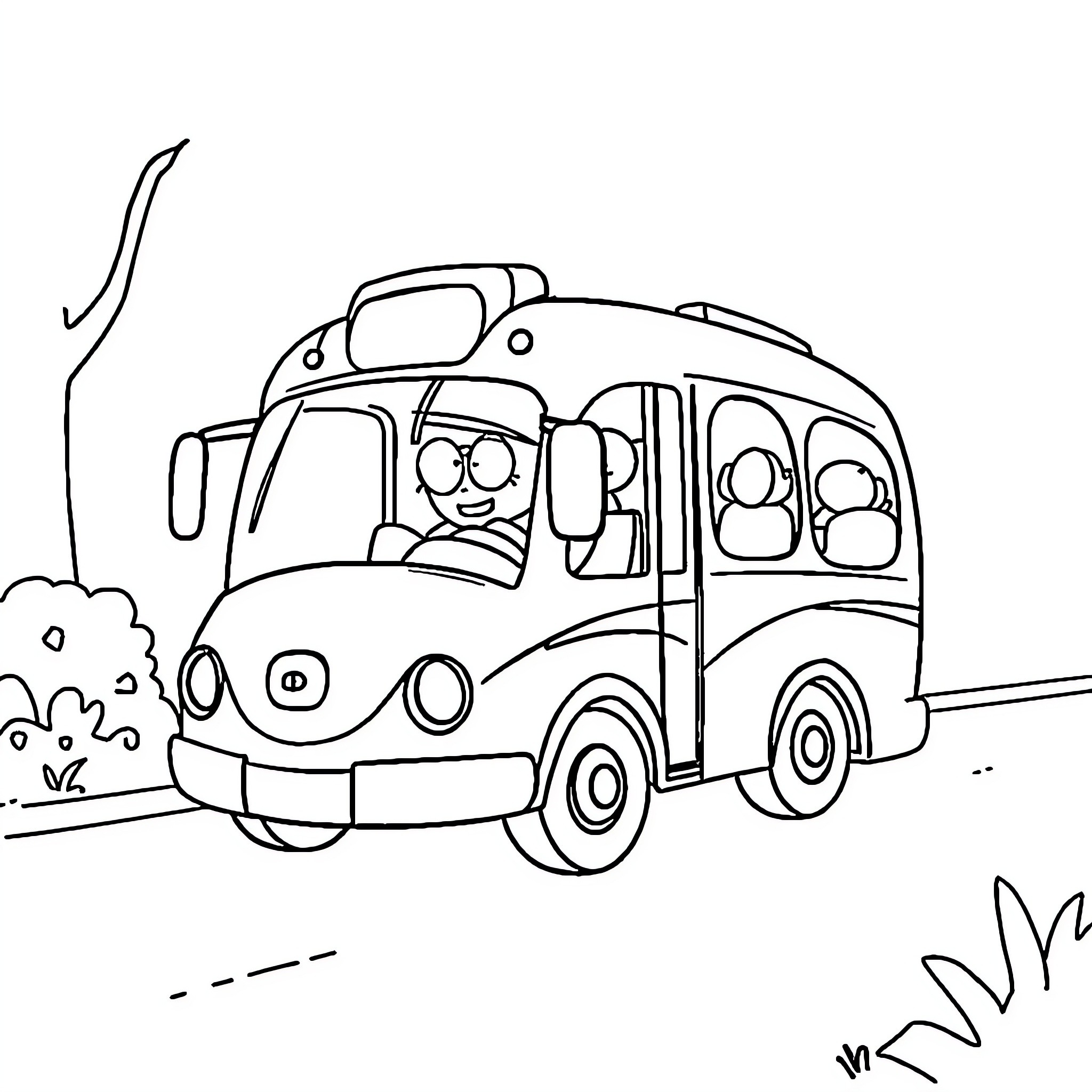 Babybus driving a school bus happily Coloring Page (free black-and-white line drawing printable PDF for all, from beginners to advanced learners, including children, teens, adults, and seniors)