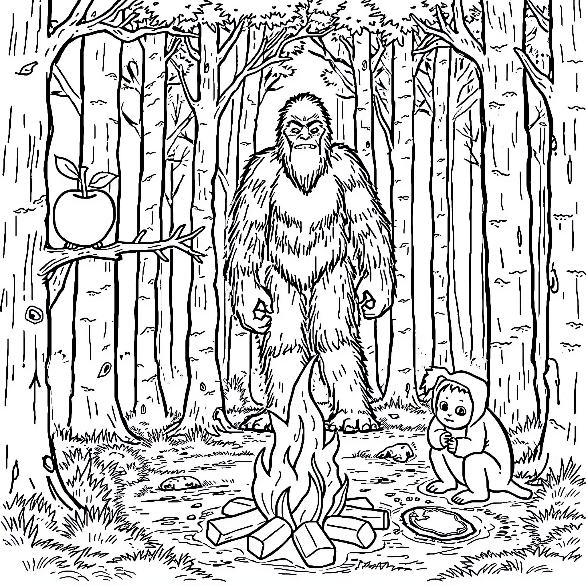 Cryptid Bigfoot roaming the enchanted forest Coloring Page (free black-and-white line drawing printable PDF for all, from beginners to advanced learners, including children, teens, adults, and seniors)