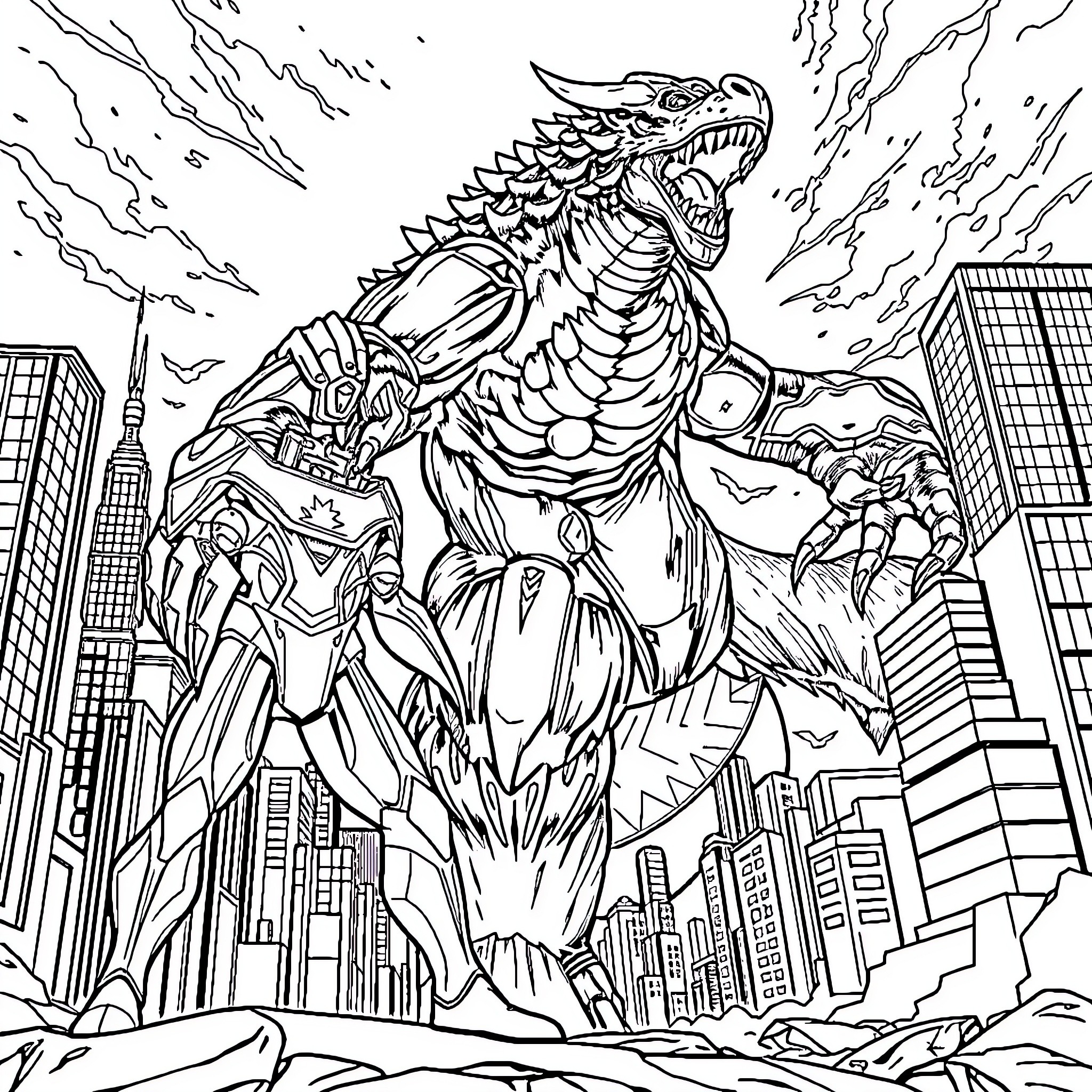 Ultraman monster rampaging through the city Coloring Page (free black-and-white line drawing printable PDF for all, from beginners to advanced learners, including children, teens, adults, and seniors)