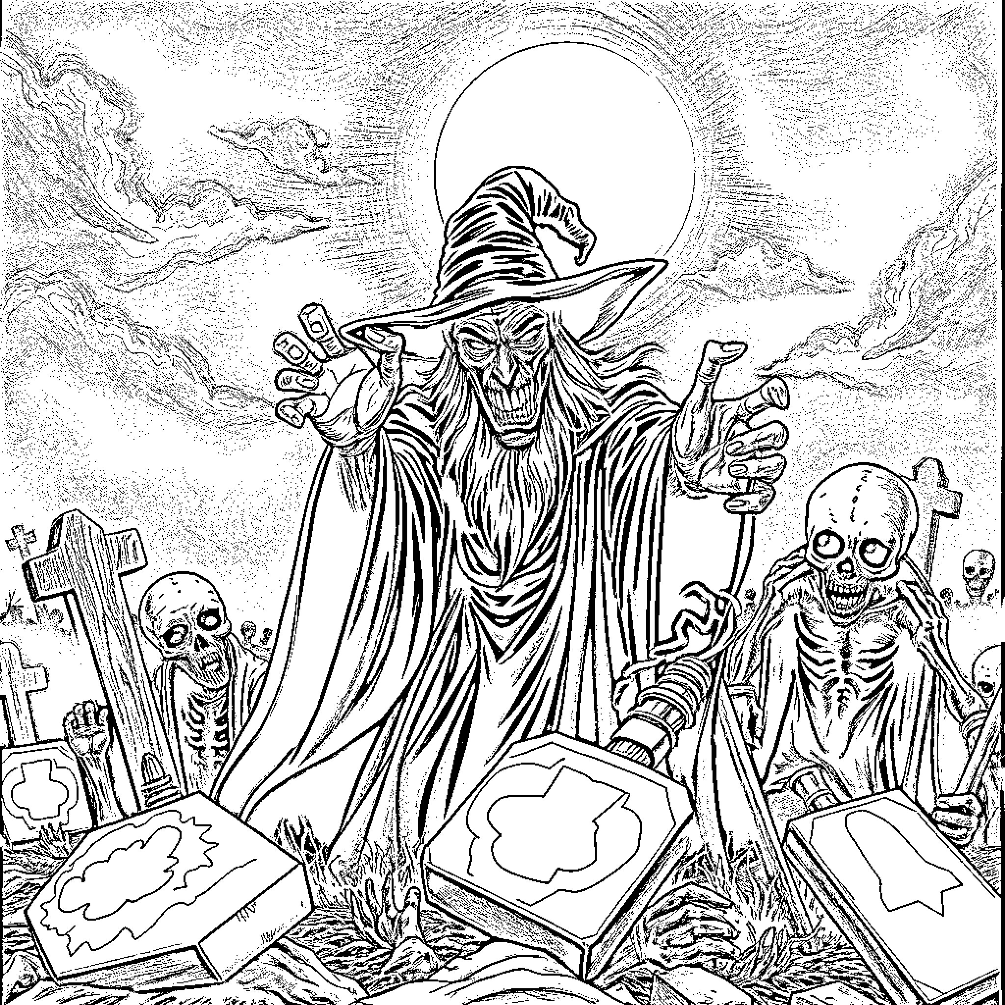 Sorcerer summons the undead in a mystical graveyard Coloring Page (free black-and-white line drawing printable PDF for all, from beginners to advanced learners, including children, teens, adults, and seniors)