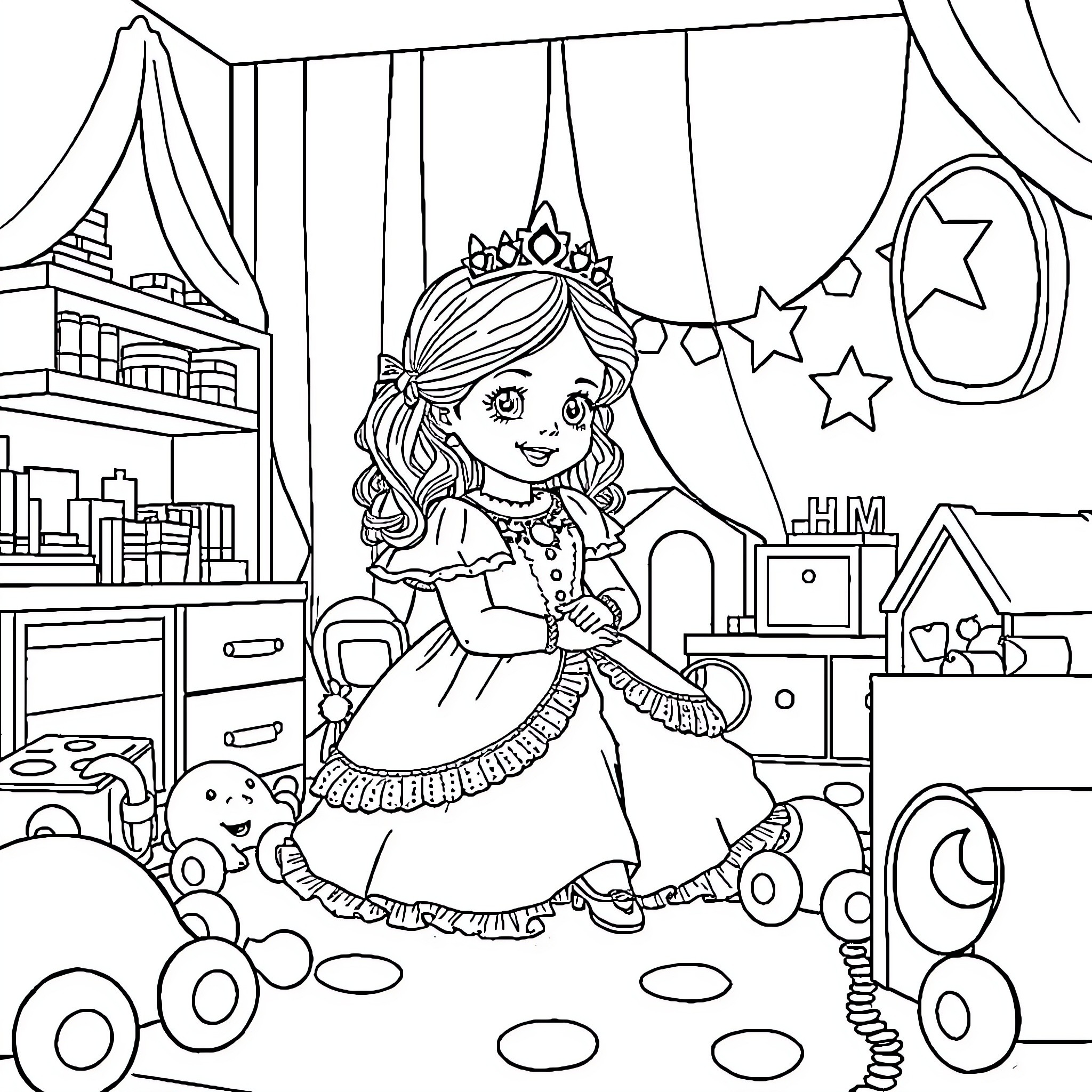 Girl in princess costume playing in bedroom Coloring Page (free black-and-white line drawing printable PDF for all, from beginners to advanced learners, including children, teens, adults, and seniors)