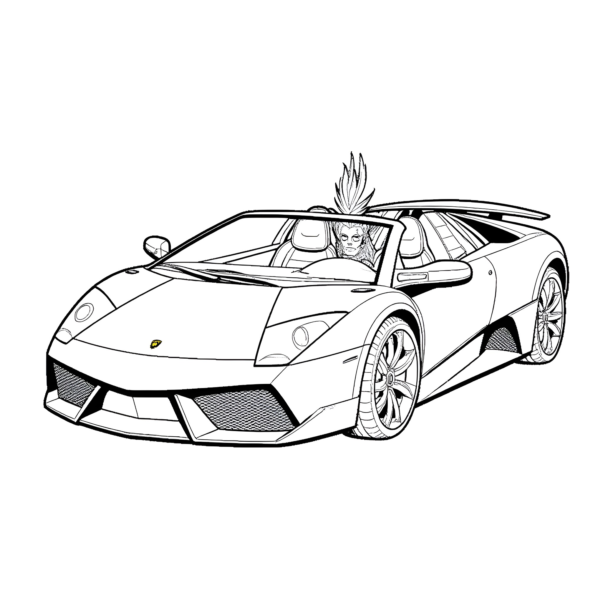 Phoenix Supercar driven by winged figure Coloring Page (free black-and-white line drawing printable PDF for all, from beginners to advanced learners, including children, teens, adults, and seniors)