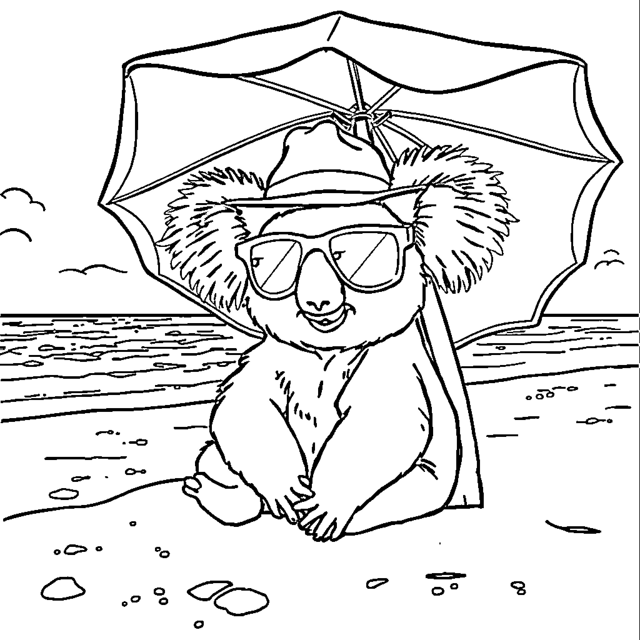 Koala enjoying the beach with umbrella Coloring Page (free black-and-white line drawing printable PDF for all, from beginners to advanced learners, including children, teens, adults, and seniors)