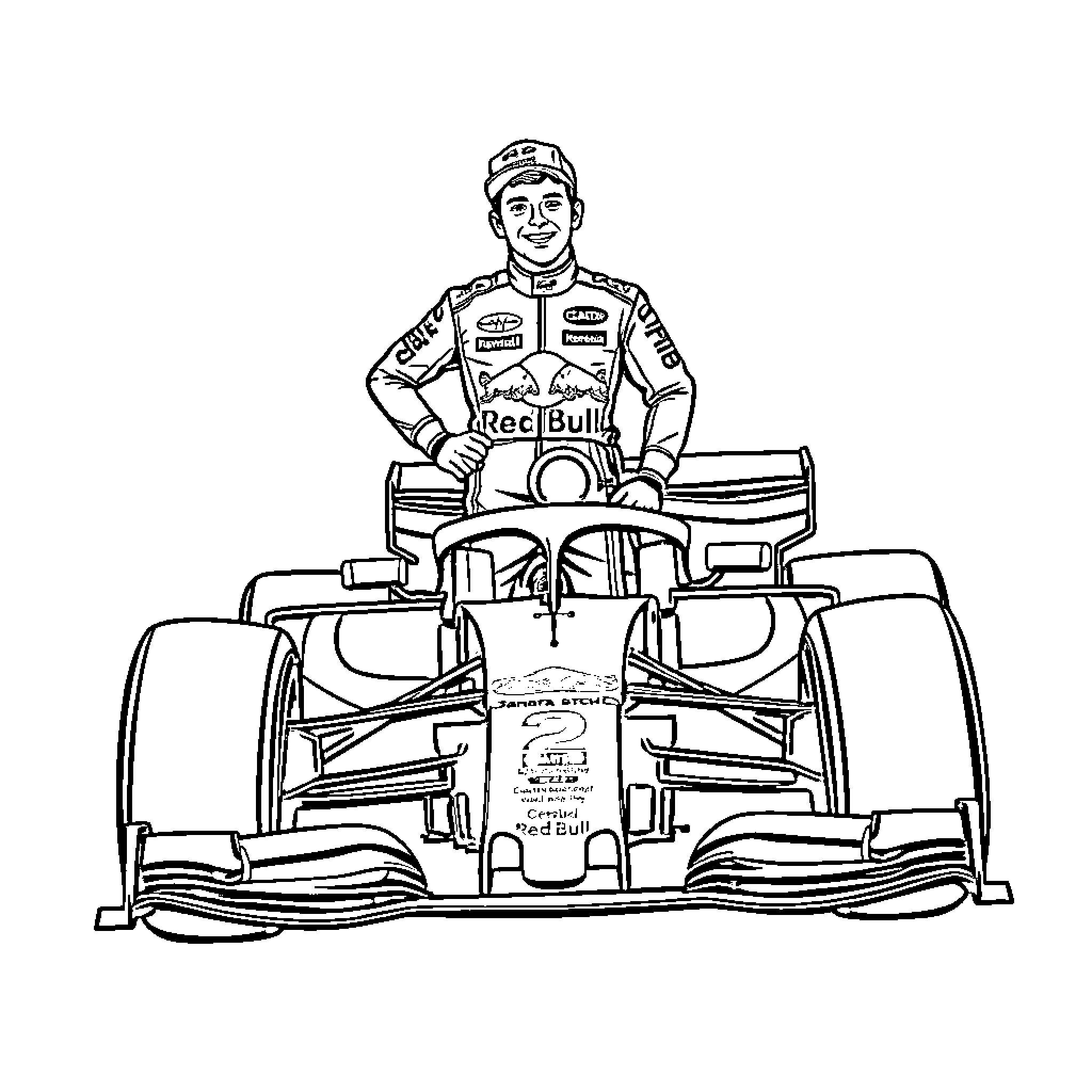 Verstappen triumphant in racing car Coloring Page (free black-and-white line drawing printable PDF for all, from beginners to advanced learners, including children, teens, adults, and seniors)