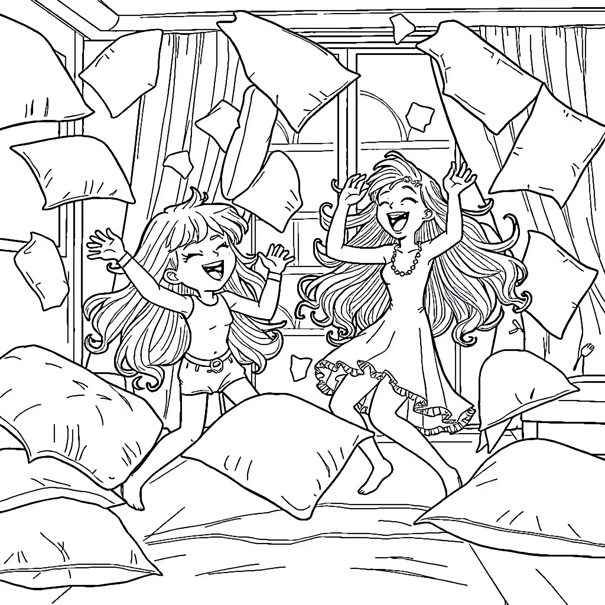 Albedo: Joyful Revelry amid Cushioned Chaos Coloring Page (free black-and-white line drawing printable PDF for all, from beginners to advanced learners, including children, teens, adults, and seniors)