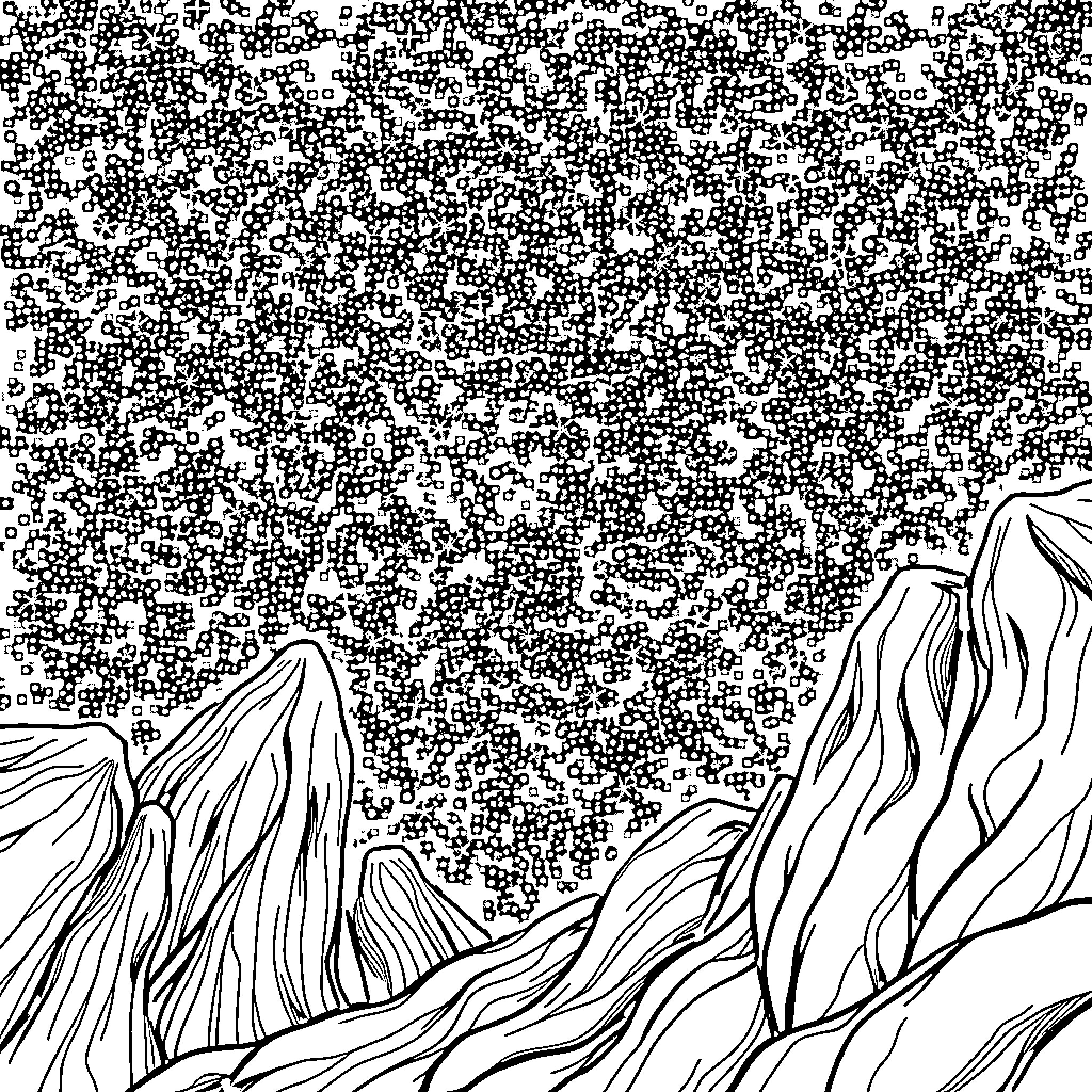 Black and White Mountain Landscape Coloring Page (free black-and-white line drawing printable PDF for all, from beginners to advanced learners, including children, teens, adults, and seniors)