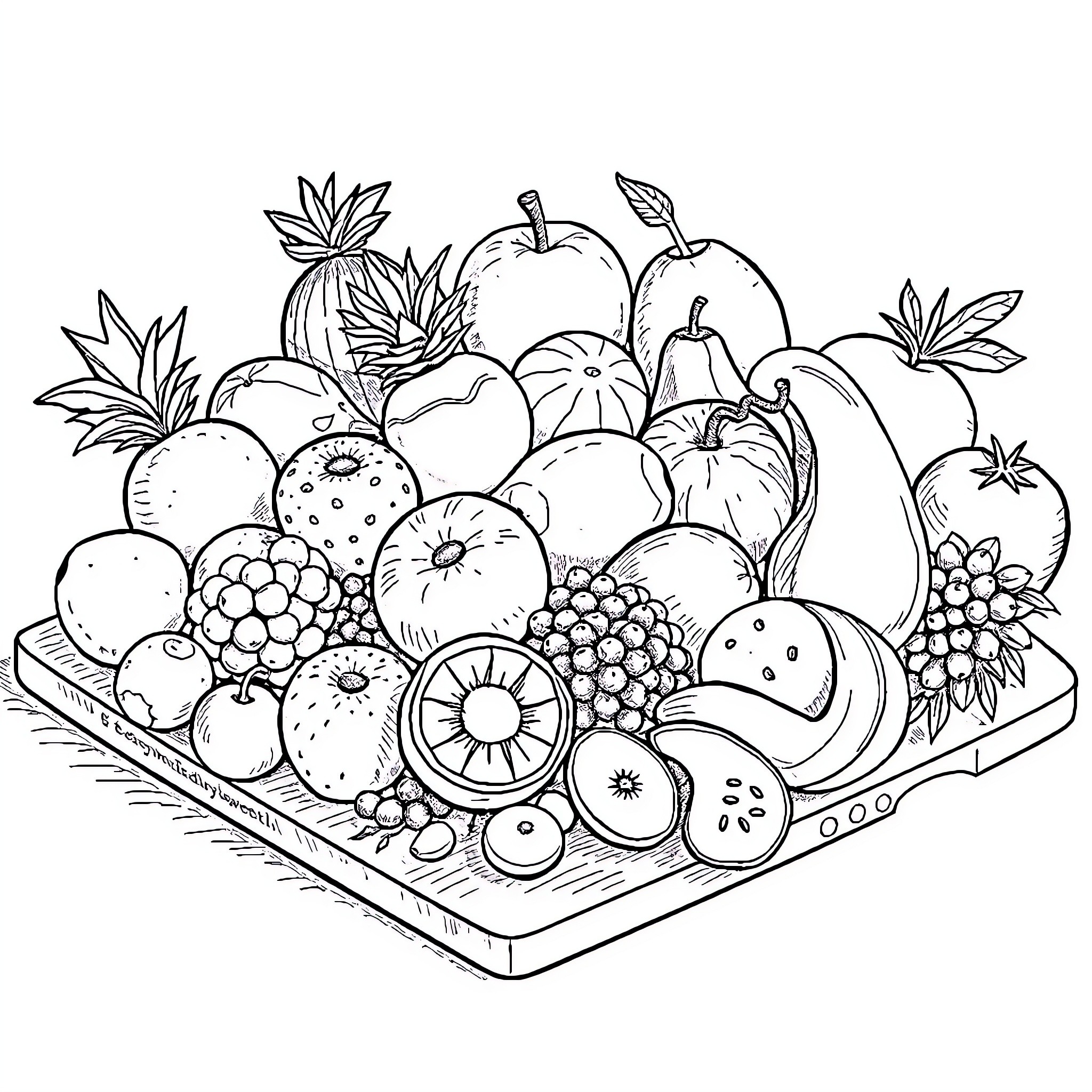 Fruit basket with diverse assortment Coloring Page (free black-and-white line drawing printable PDF for all, from beginners to advanced learners, including children, teens, adults, and seniors)