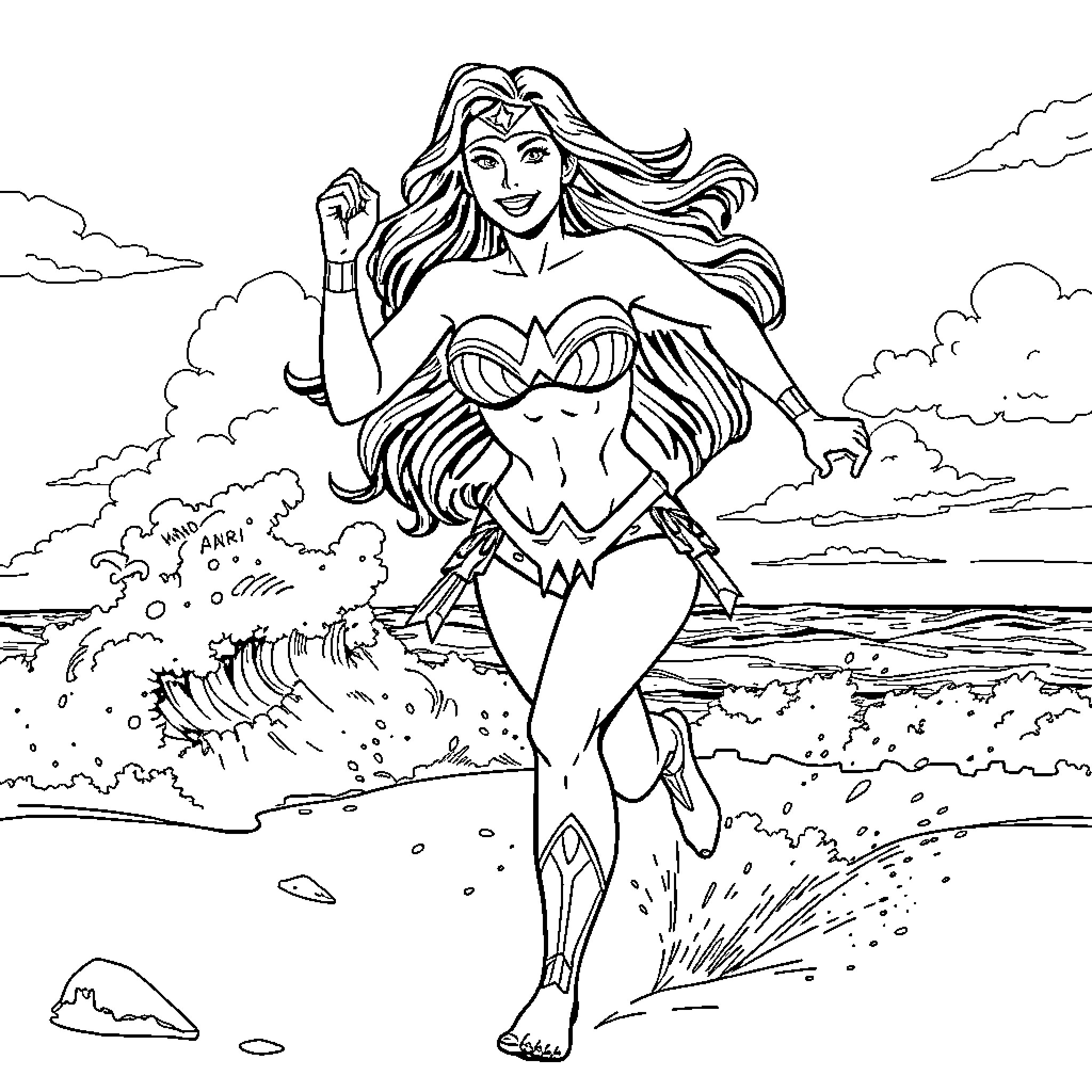 Wonder Woman battling waves in her iconic costume Coloring Page (free black-and-white line drawing printable PDF for all, from beginners to advanced learners, including children, teens, adults, and seniors)
