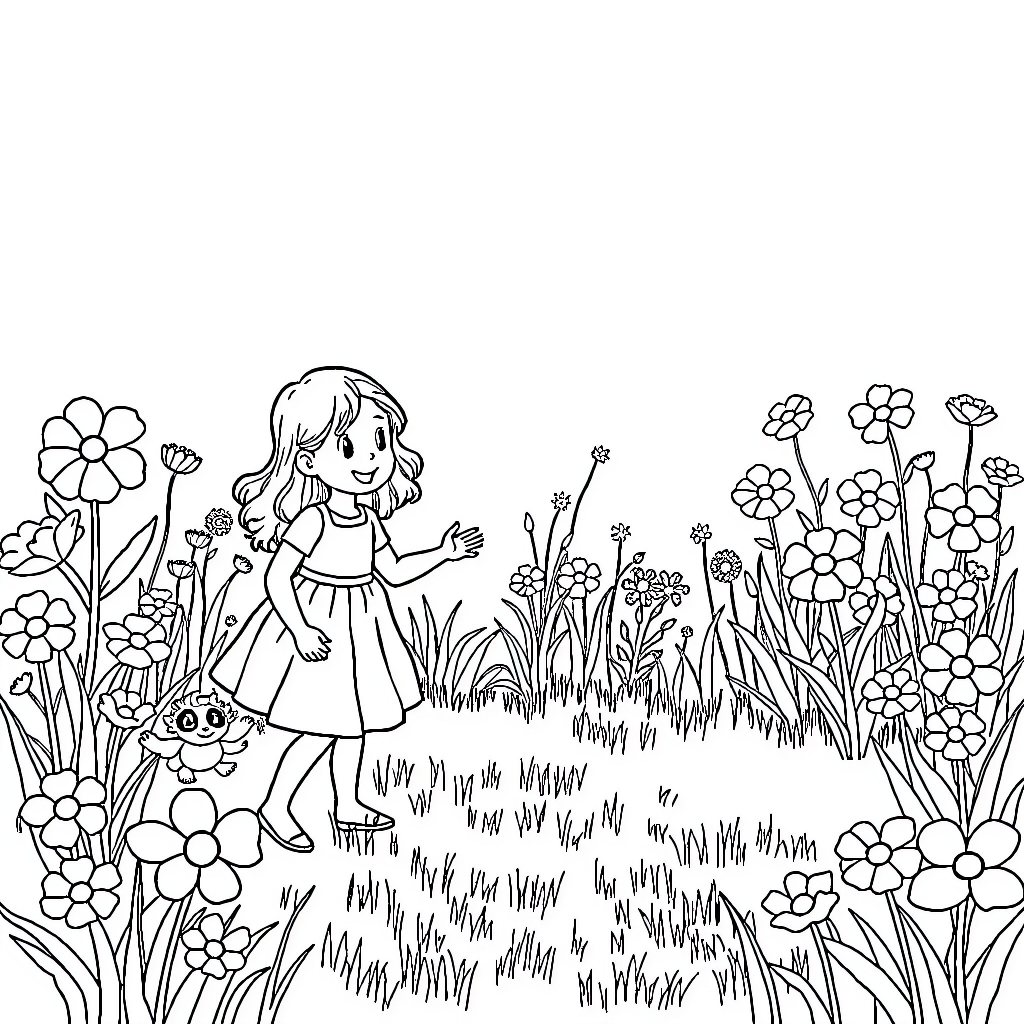 Girl exploring a field of flowers Coloring Page (free black-and-white line drawing printable PDF for all, from beginners to advanced learners, including children, teens, adults, and seniors)