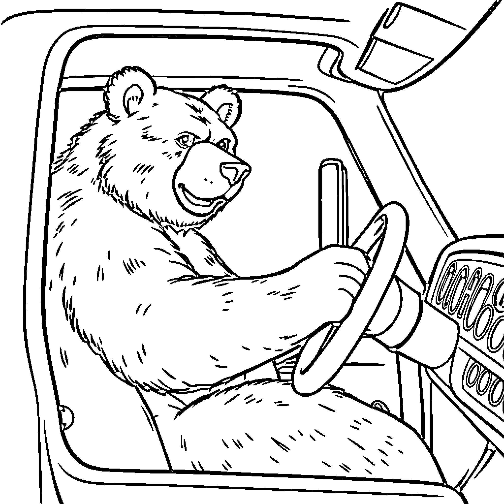 Bear driving a vehicle with enthusiasm Coloring Page (free black-and-white line drawing printable PDF for all, from beginners to advanced learners, including children, teens, adults, and seniors)