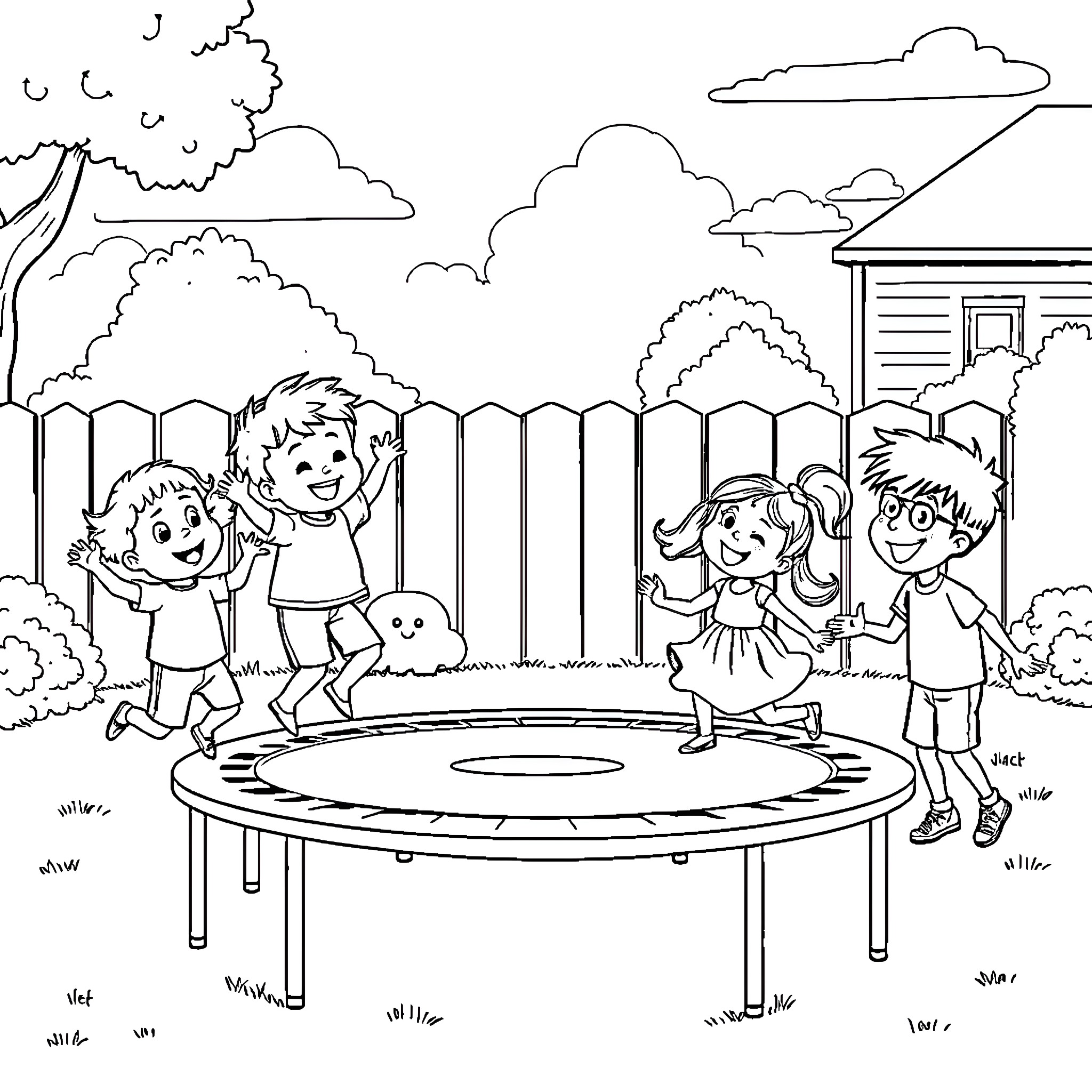 Child playing joyfully on trampoline with friends Coloring Page (free black-and-white line drawing printable PDF for all, from beginners to advanced learners, including children, teens, adults, and seniors)