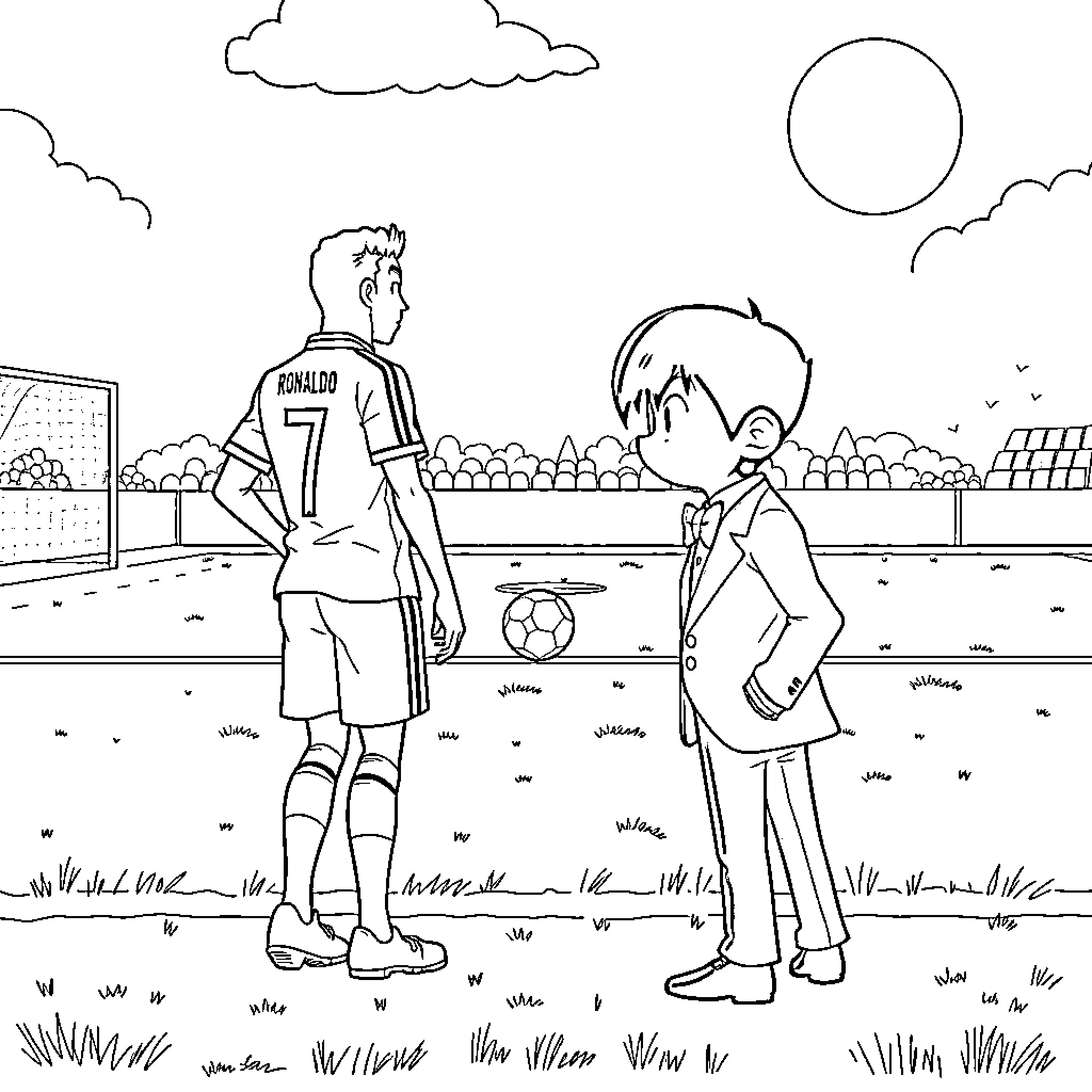 Detective Investigates Soccer Game Incident Coloring Page (free black-and-white line drawing printable PDF for all, from beginners to advanced learners, including children, teens, adults, and seniors)
