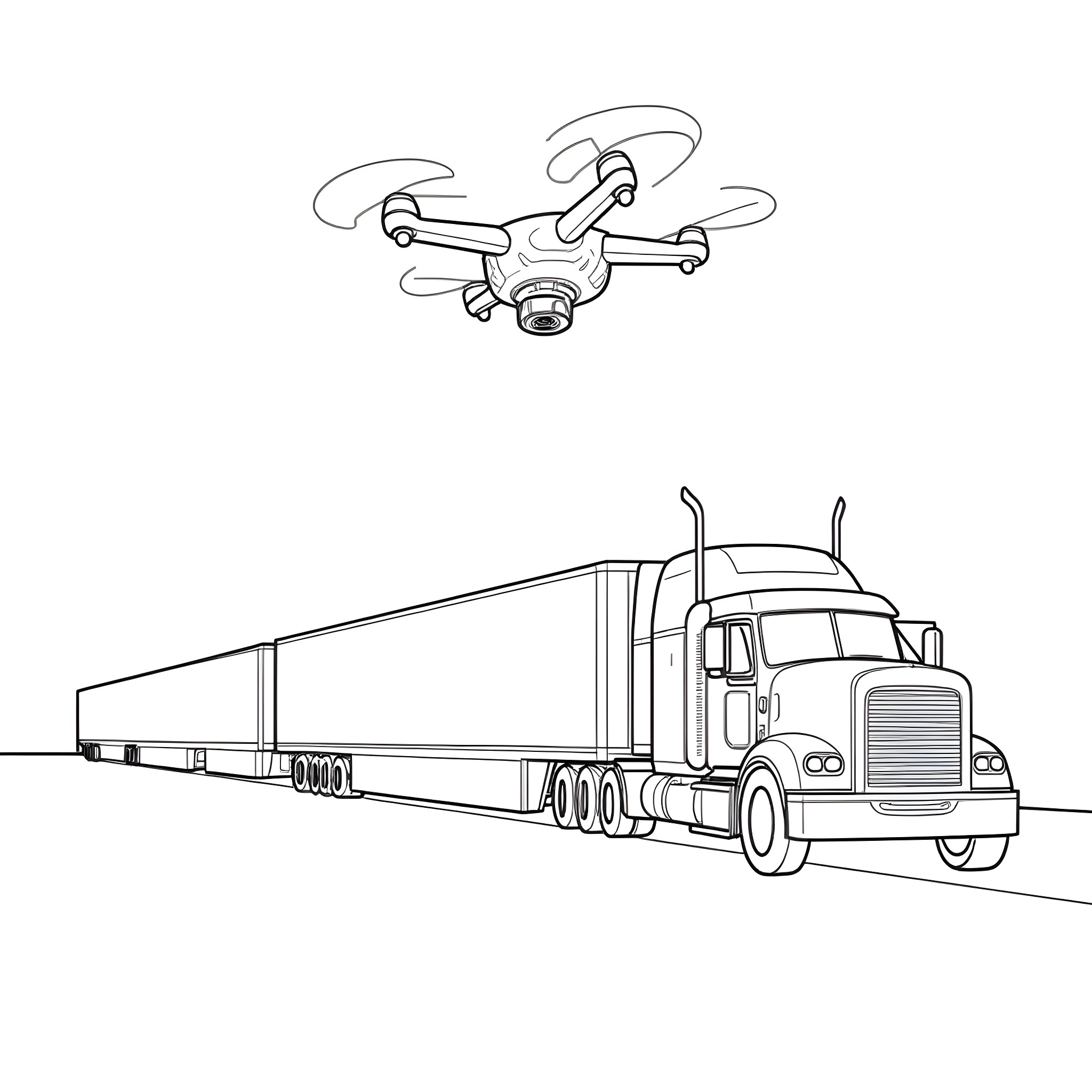 Drone flying over semi-truck on the road Coloring Page (free black-and-white line drawing printable PDF for all, from beginners to advanced learners, including children, teens, adults, and seniors)