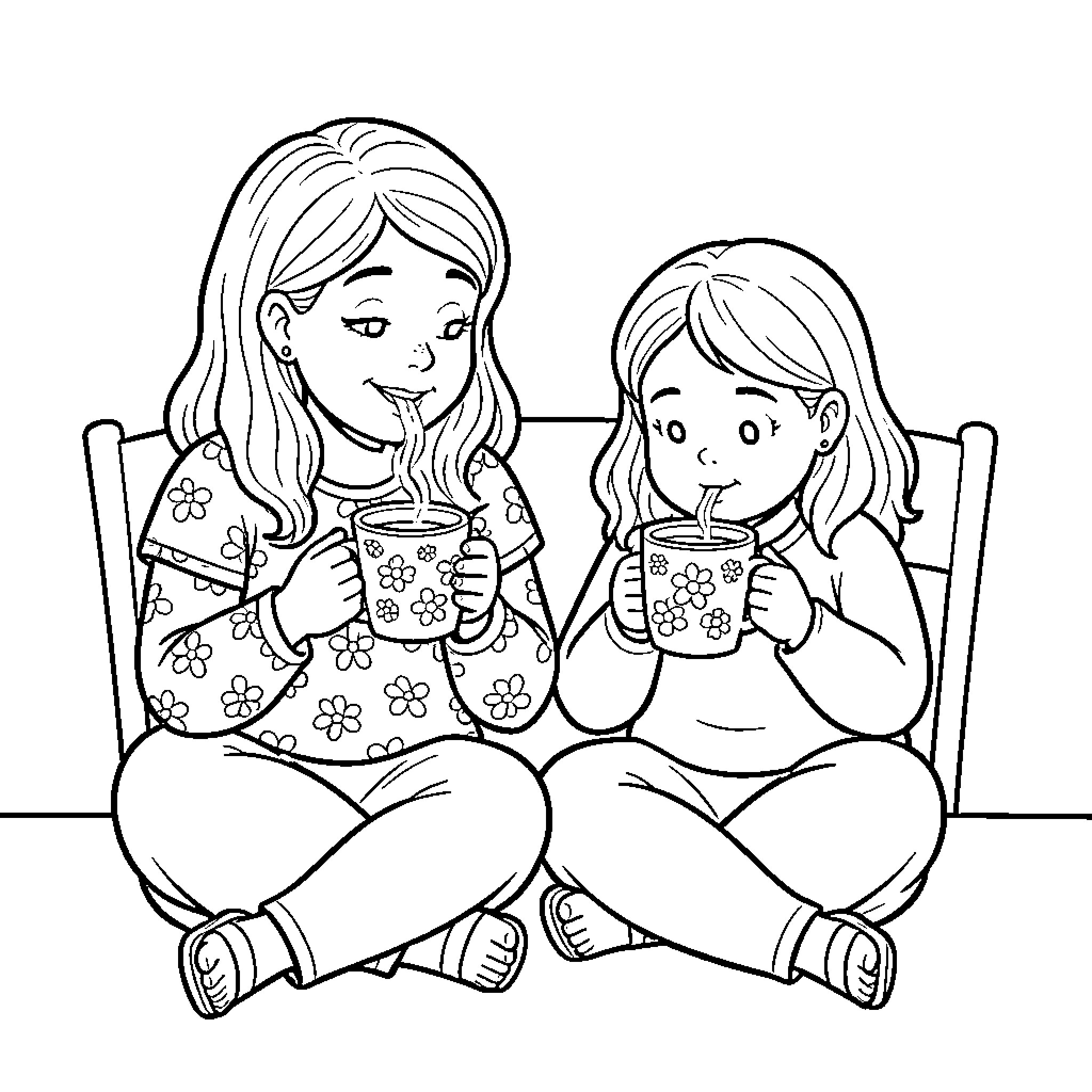 Mother and Daughter Enjoying a Cozy Moment Coloring Page (free black-and-white line drawing printable PDF for all, from beginners to advanced learners, including children, teens, adults, and seniors)