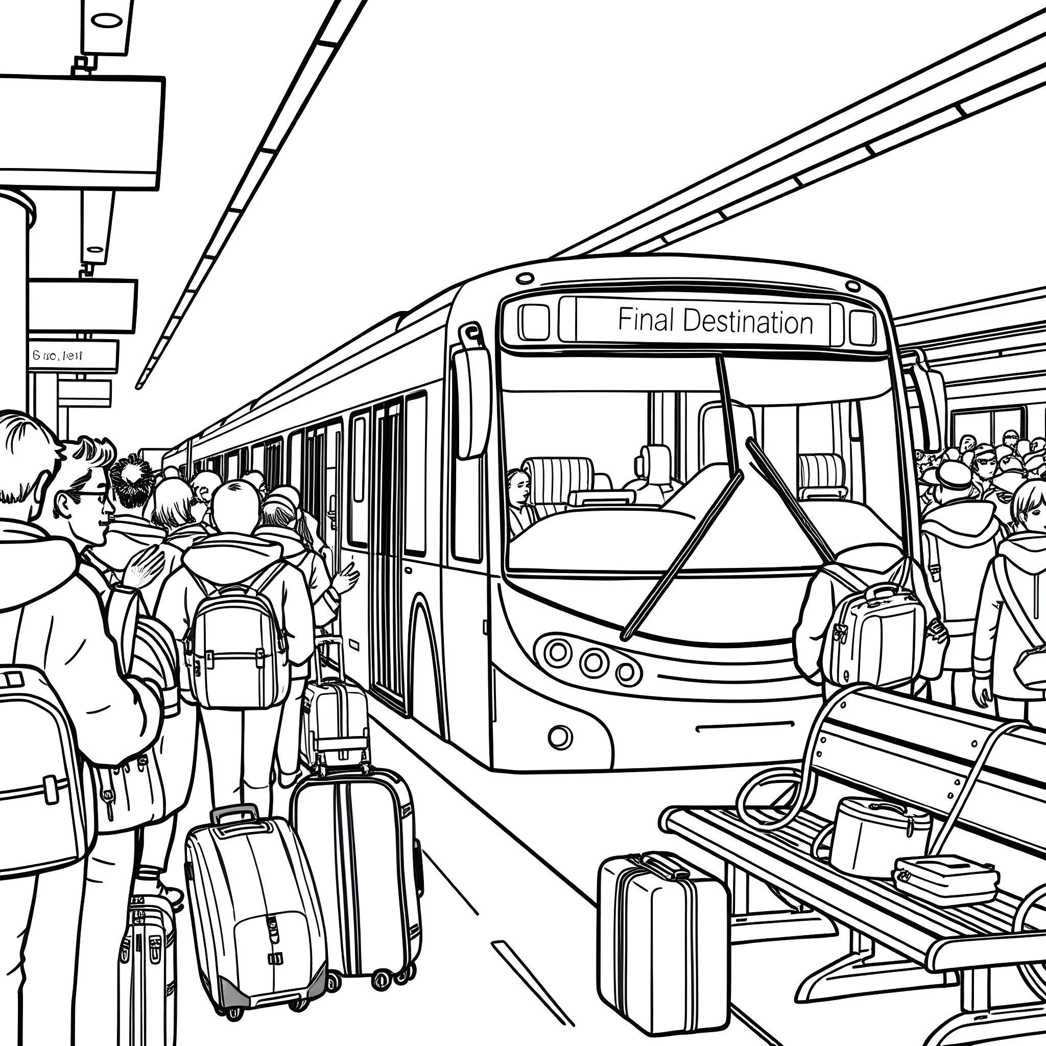 Bus Carrying Passengers to Their Final Destination Coloring Page (free black-and-white line drawing printable PDF for all, from beginners to advanced learners, including children, teens, adults, and seniors)