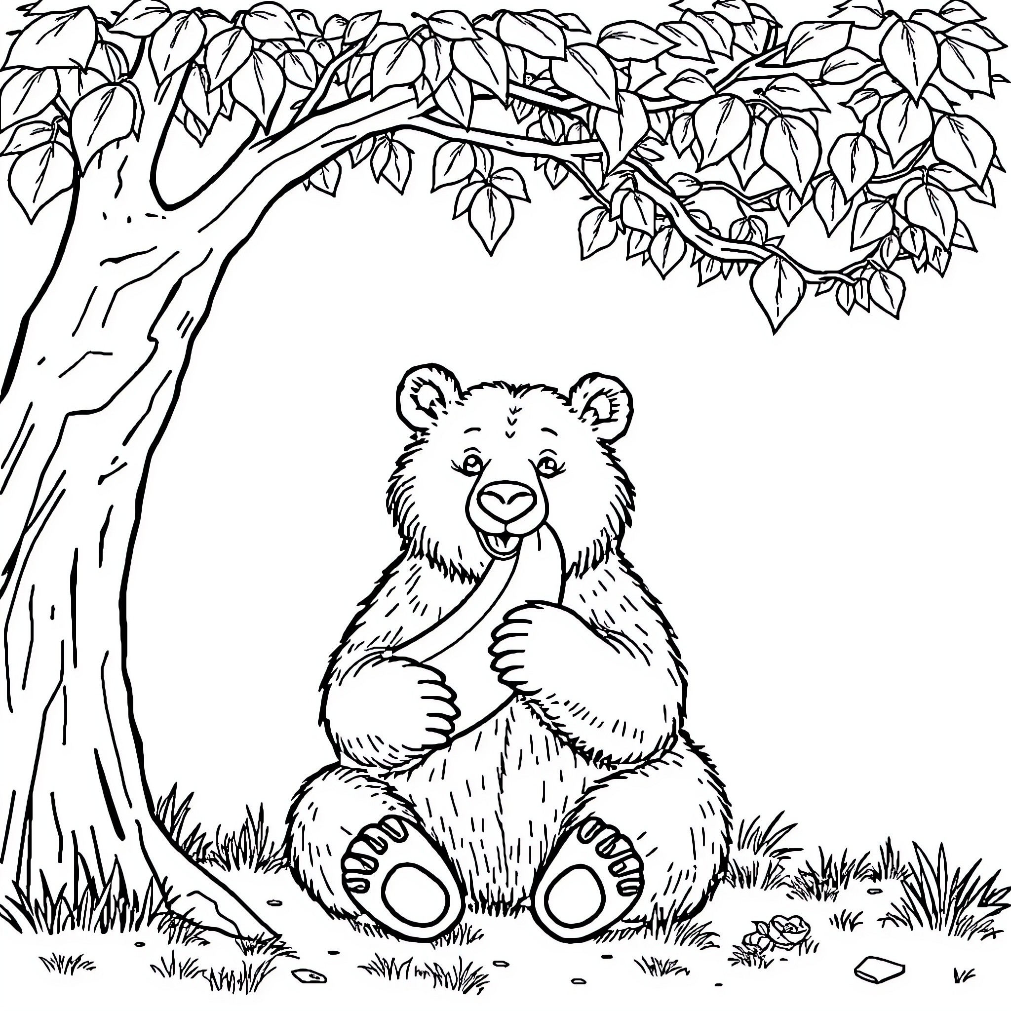 Bear sitting contentedly under a tree Coloring Page (free black-and-white line drawing printable PDF for all, from beginners to advanced learners, including children, teens, adults, and seniors)