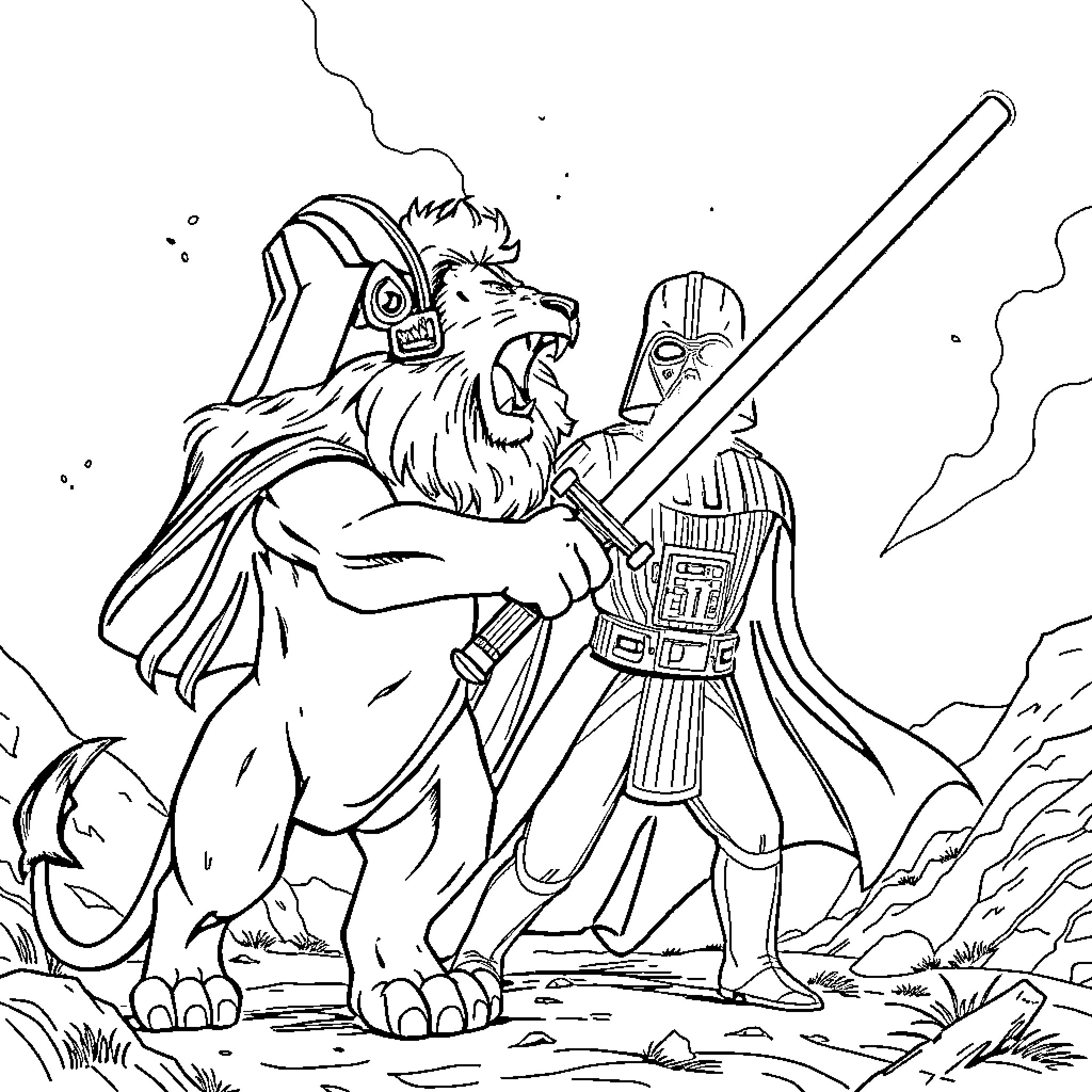Lion warrior battling against dark forces Coloring Page (free black-and-white line drawing printable PDF for all, from beginners to advanced learners, including children, teens, adults, and seniors)